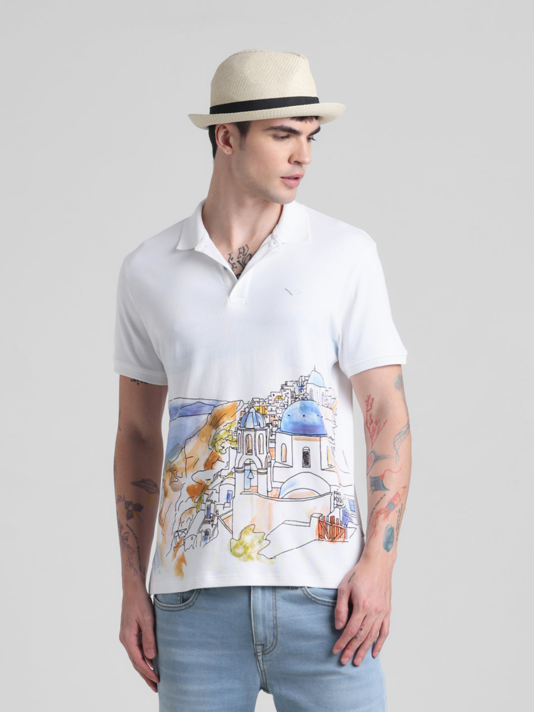 White Landscape Print Polo - S
