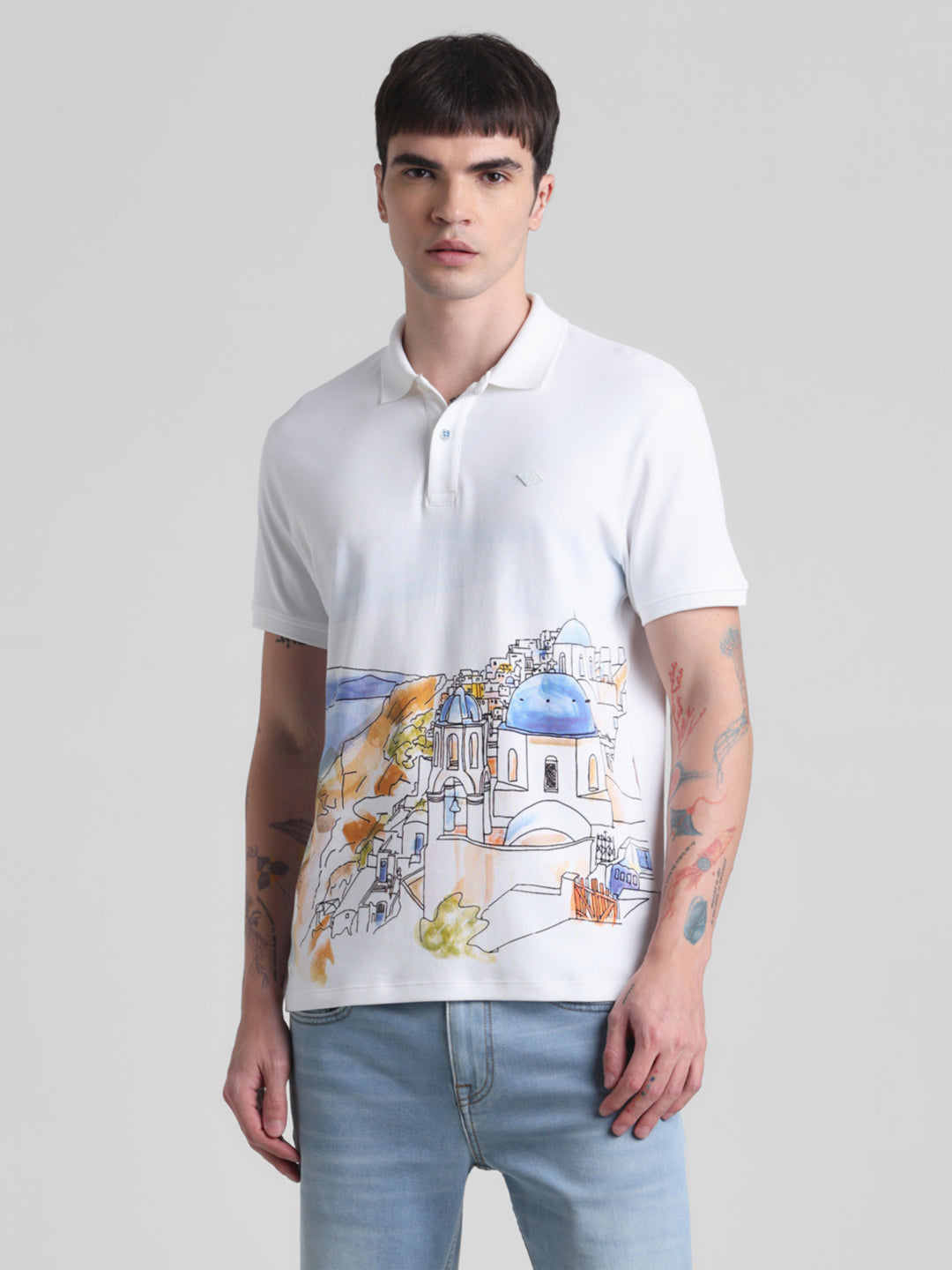 White Landscape Print Polo