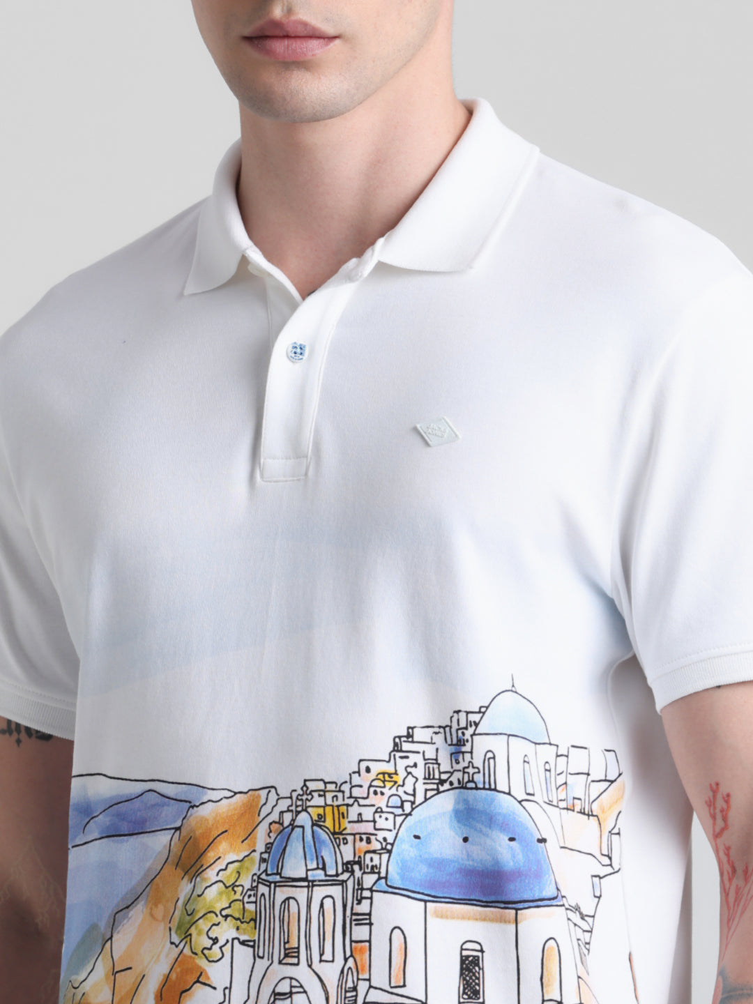 White Landscape Print Polo