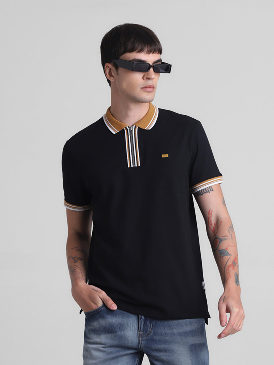 Black Zip Detail polo - L