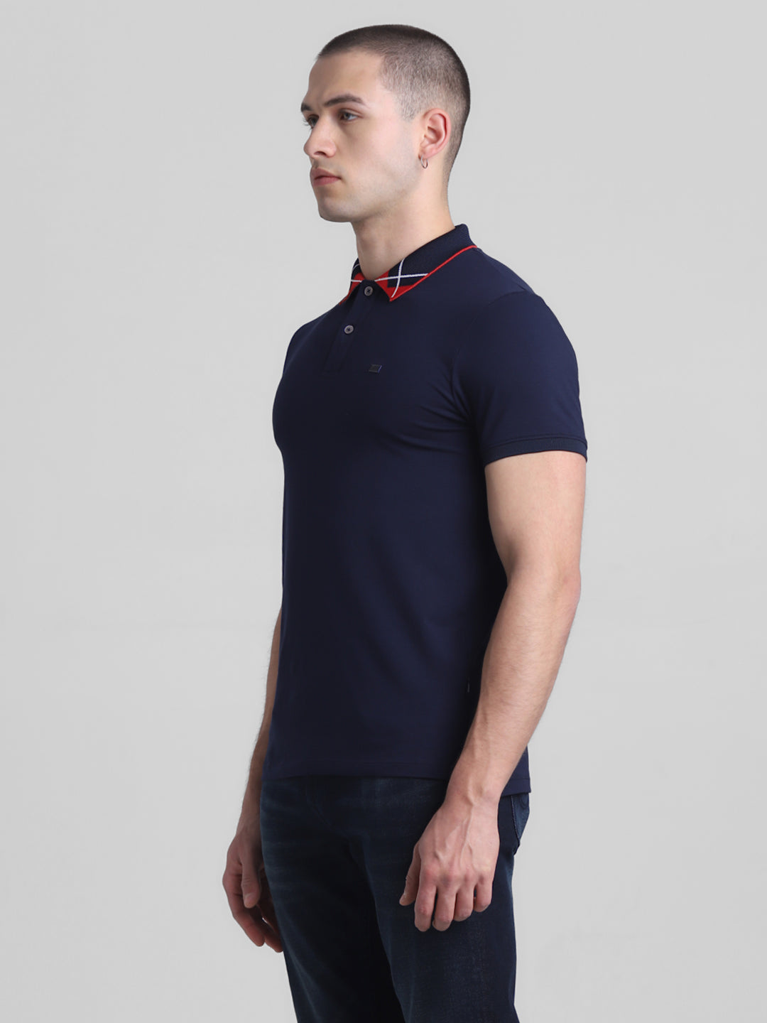 Navy Blue Printed Collar Detail Polo