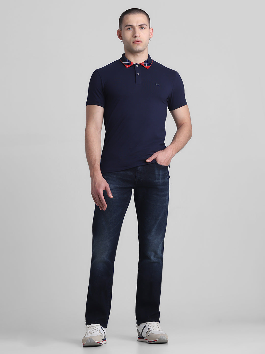 Navy Blue Printed Collar Detail Polo