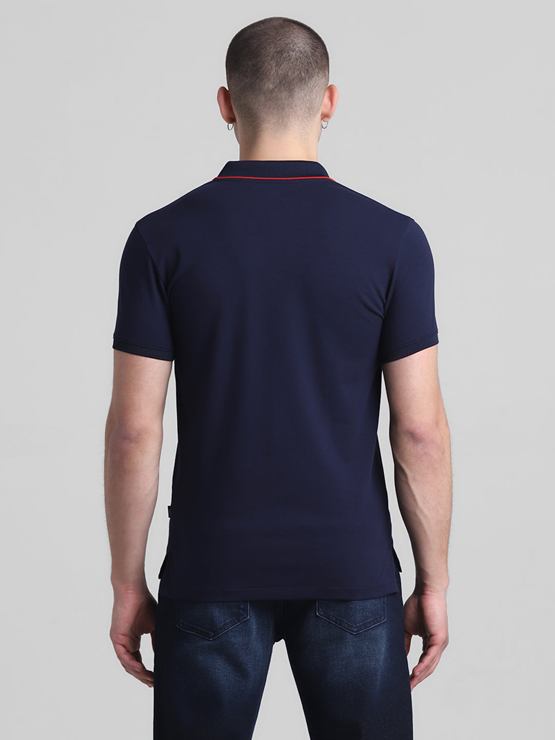 Navy Blue Printed Collar Detail Polo