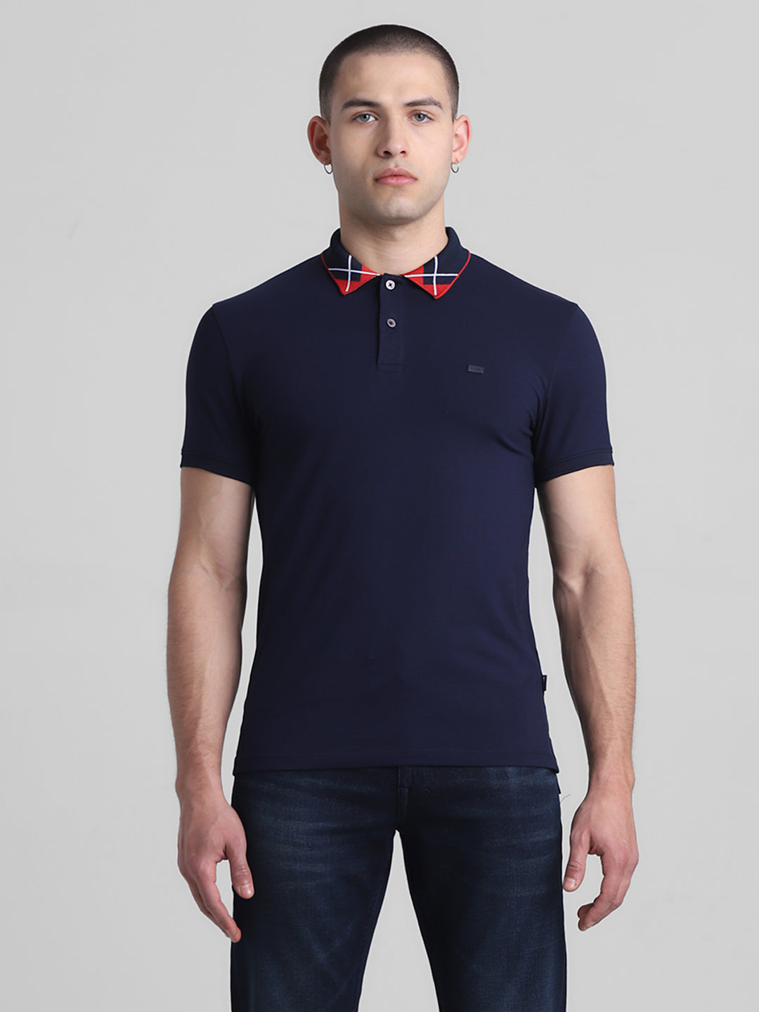 Navy Blue Printed Collar Detail Polo