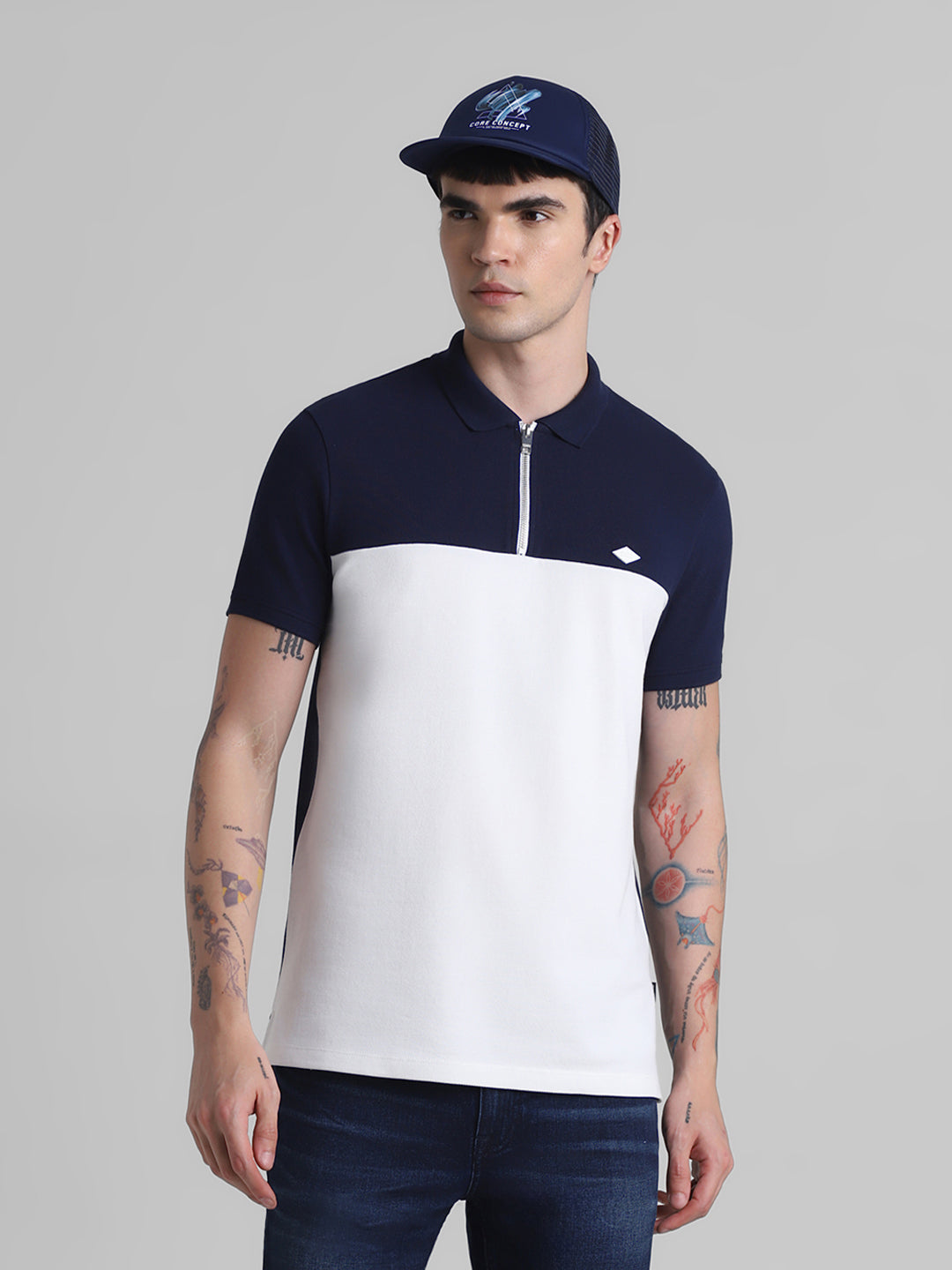Navy Blue Colourblocked Zipped Polo - S