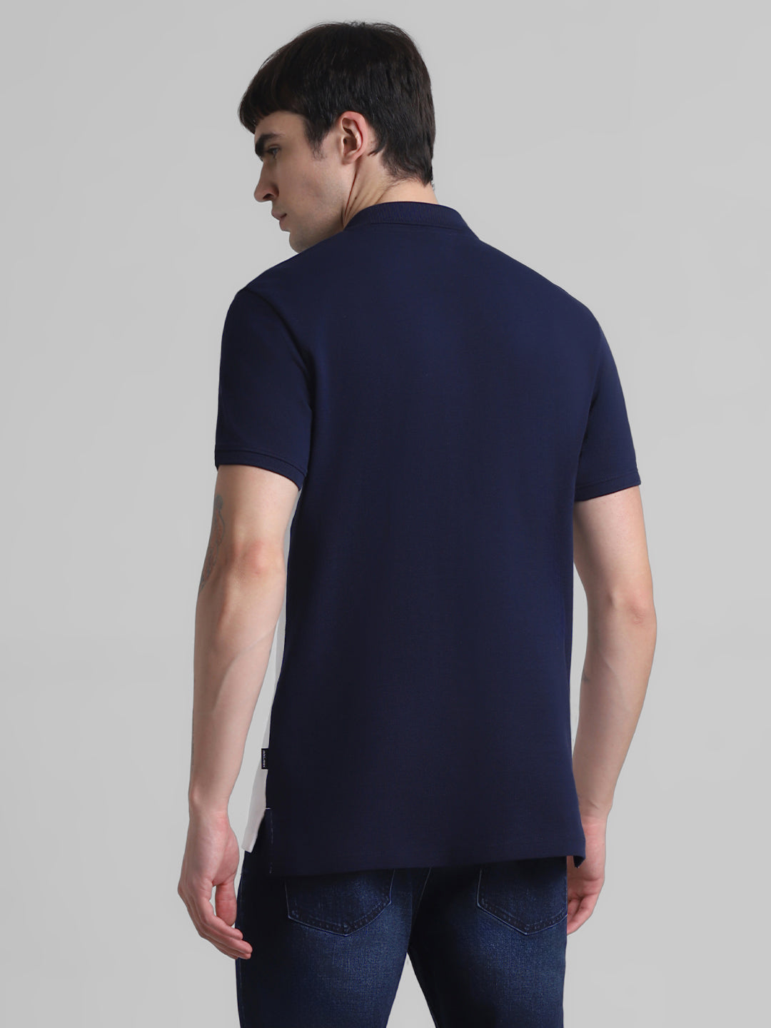 Navy Blue Colourblocked Zipped Polo