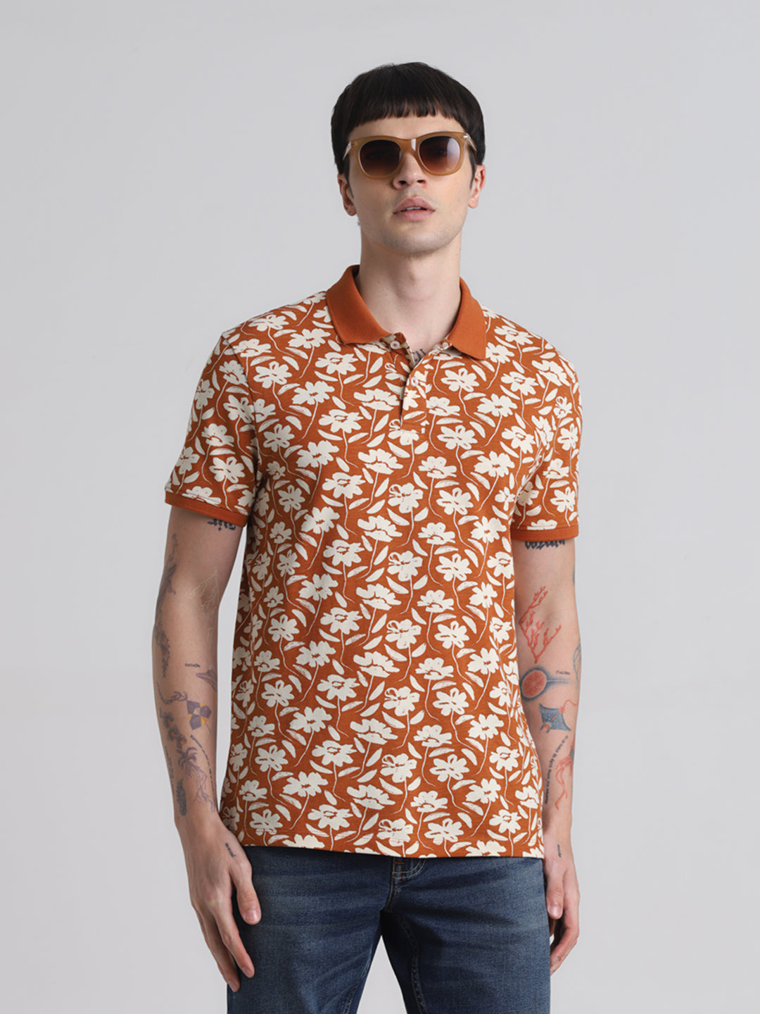Brown Printed Regular Fit Polo - S
