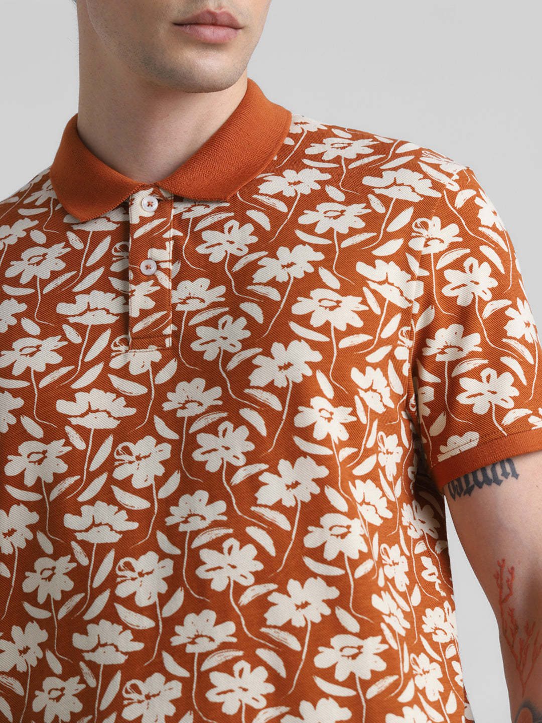 Brown Printed Regular Fit Polo