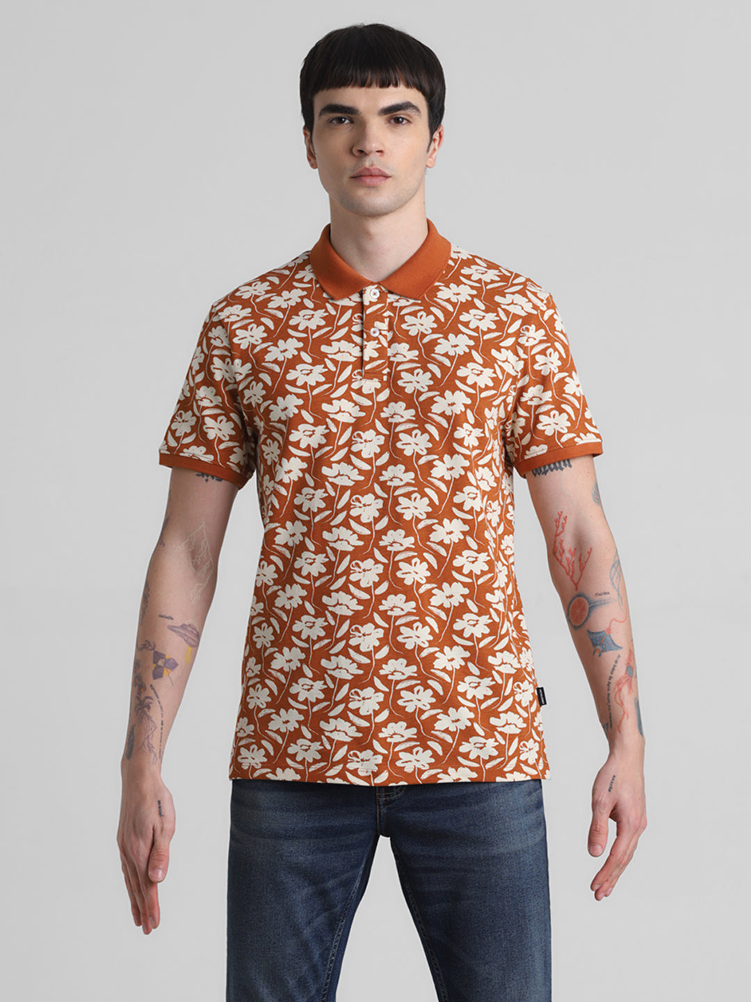 Brown Printed Regular Fit Polo