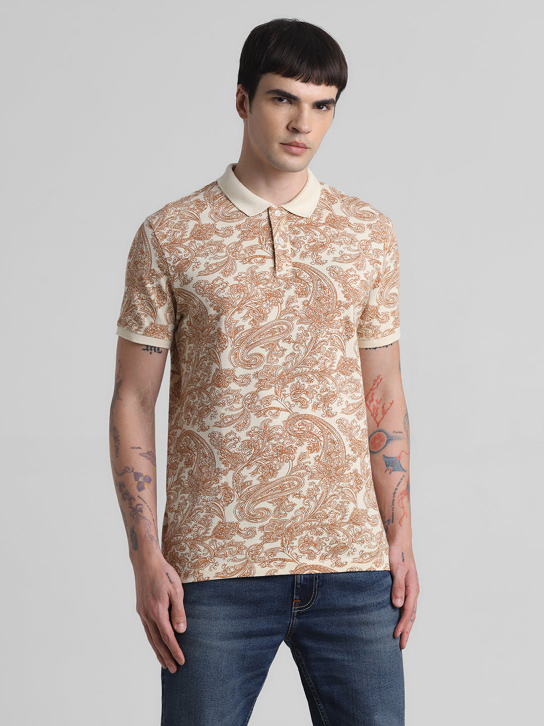 White Paisley Print Polo