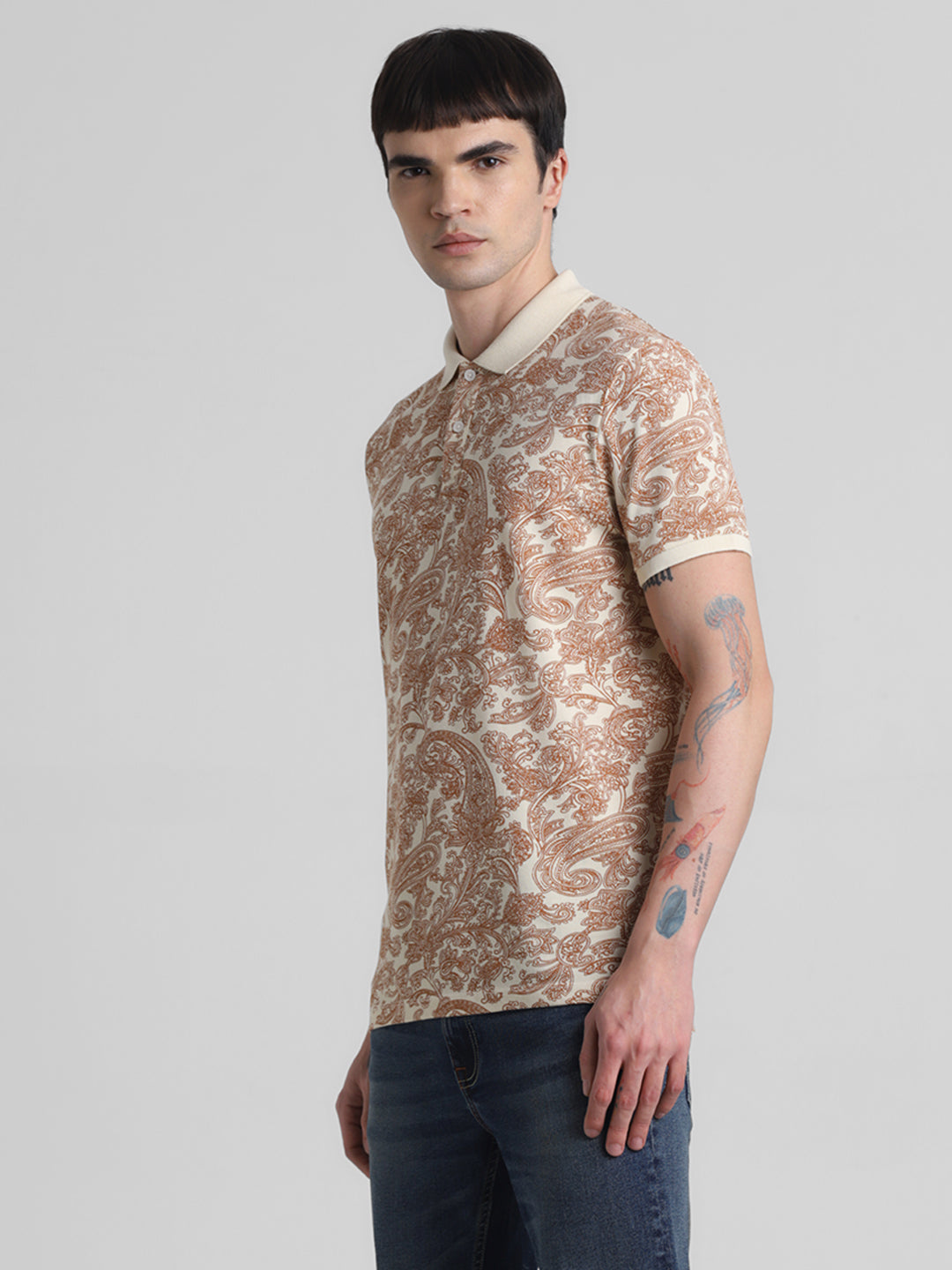 White Paisley Print Polo