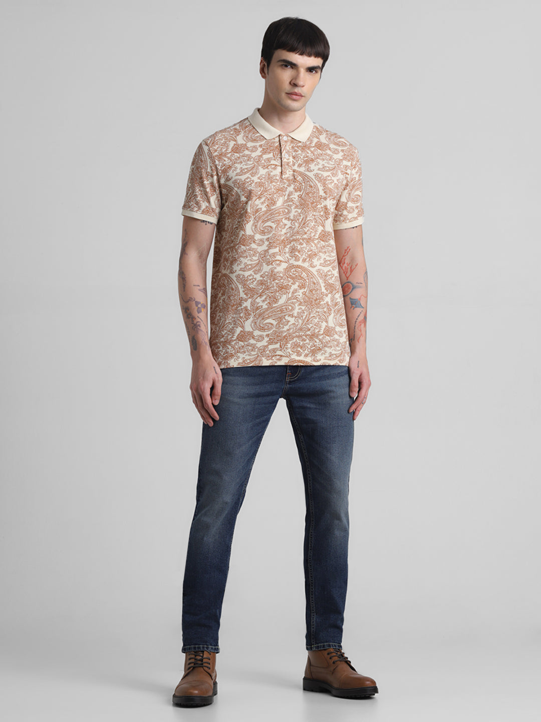 White Paisley Print Polo