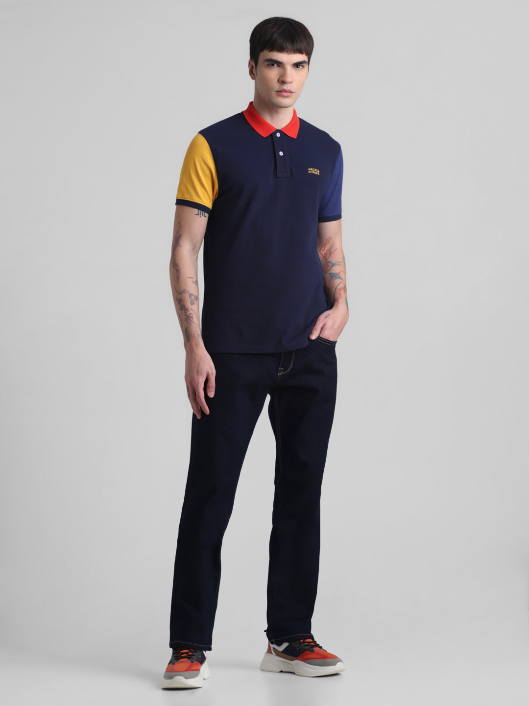 Navy Cotton Colourblocked Polo