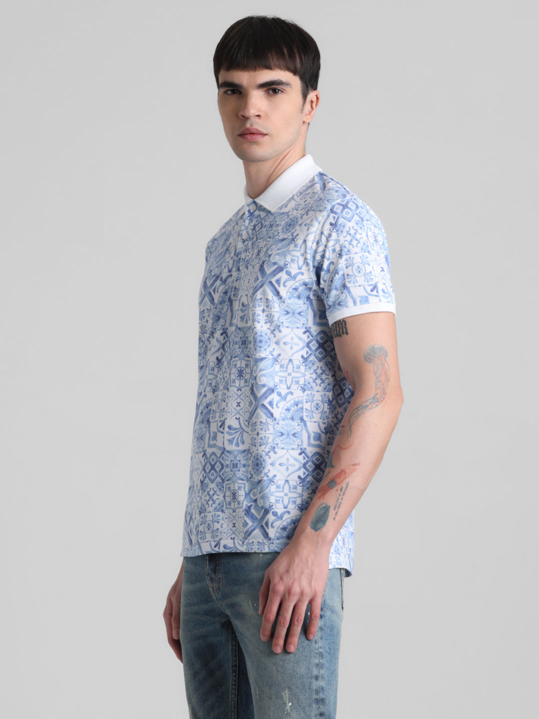White Printed Polo