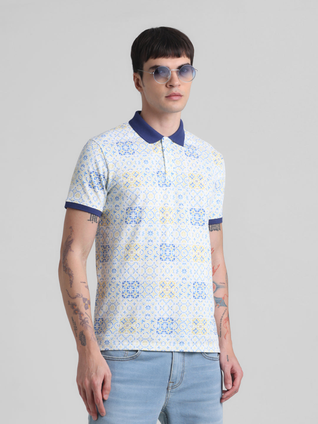 White Printed Cotton Blend Polo - M