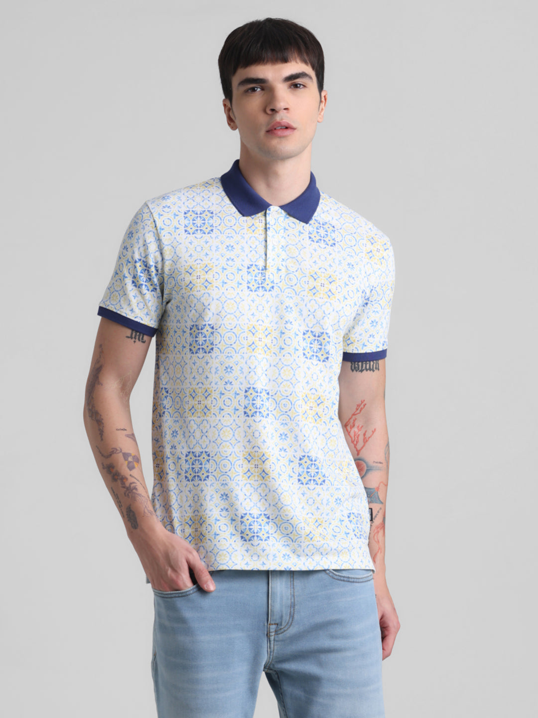 White Printed Cotton Blend Polo