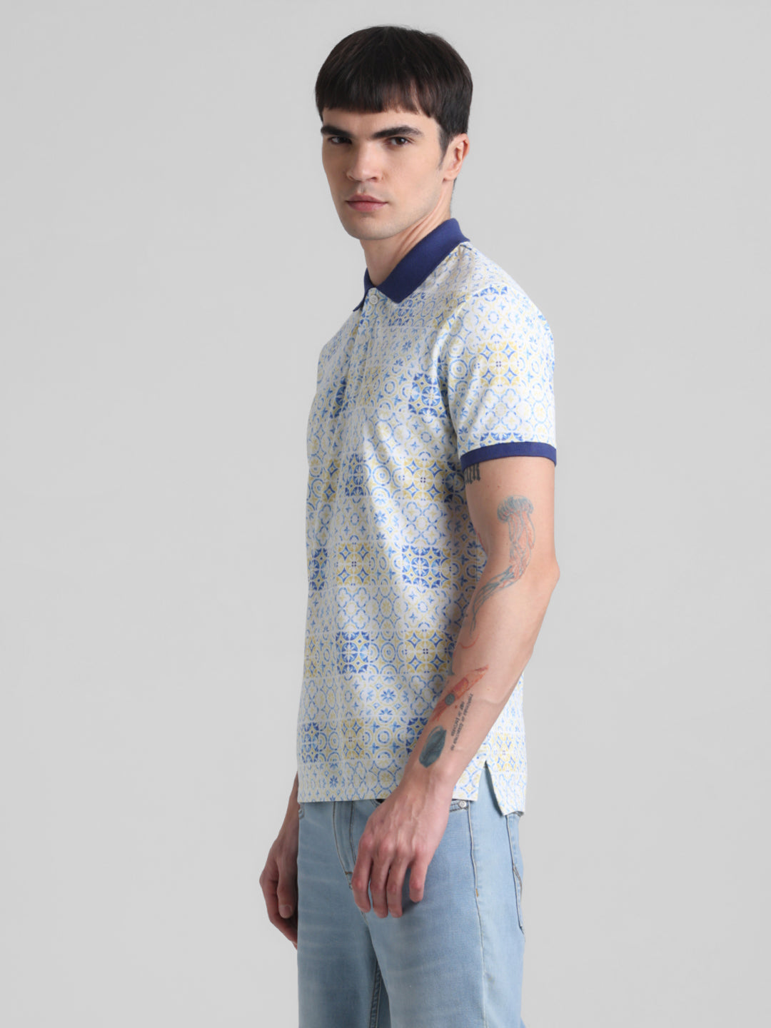 White Printed Cotton Blend Polo