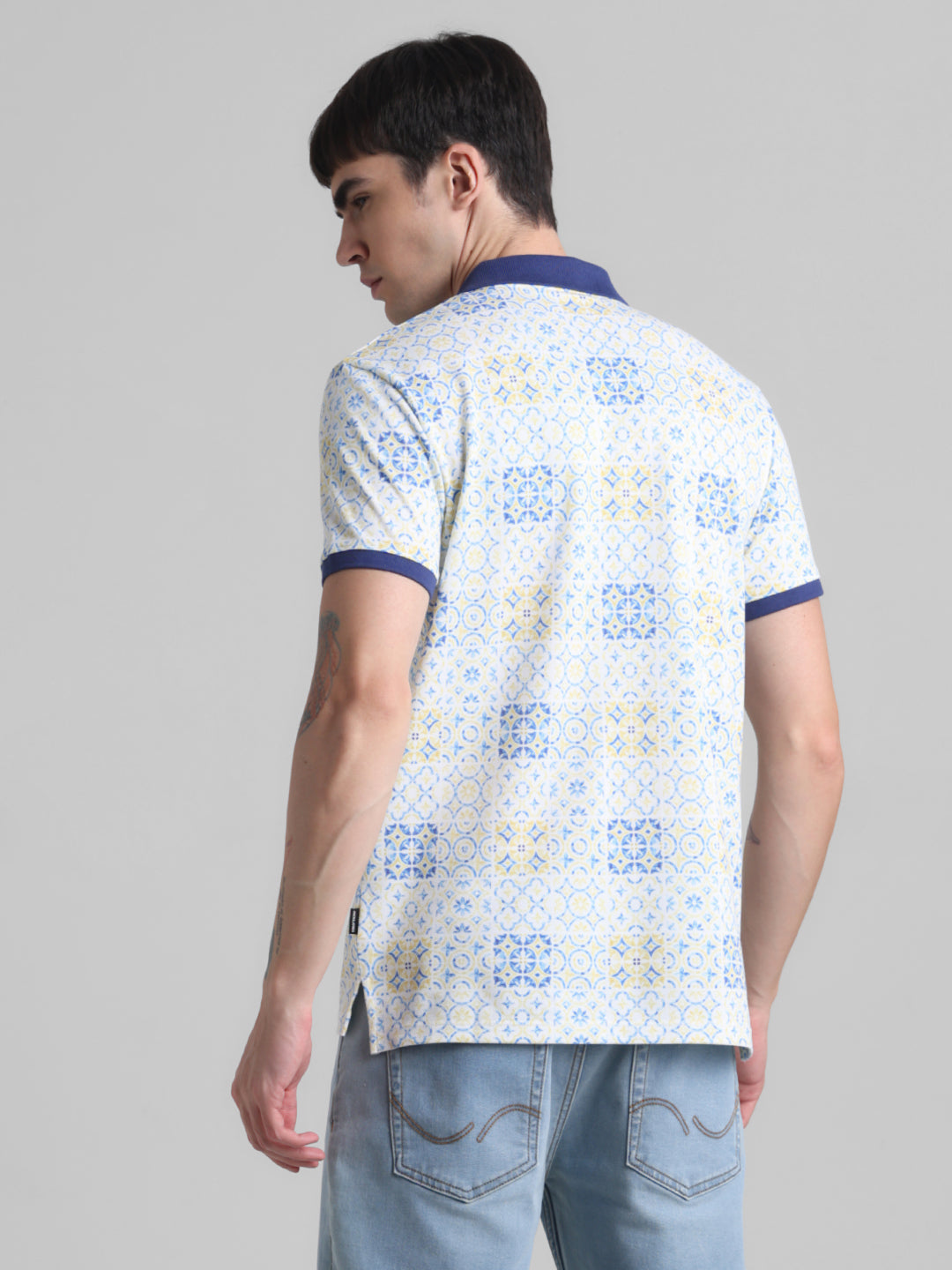 White Printed Cotton Blend Polo
