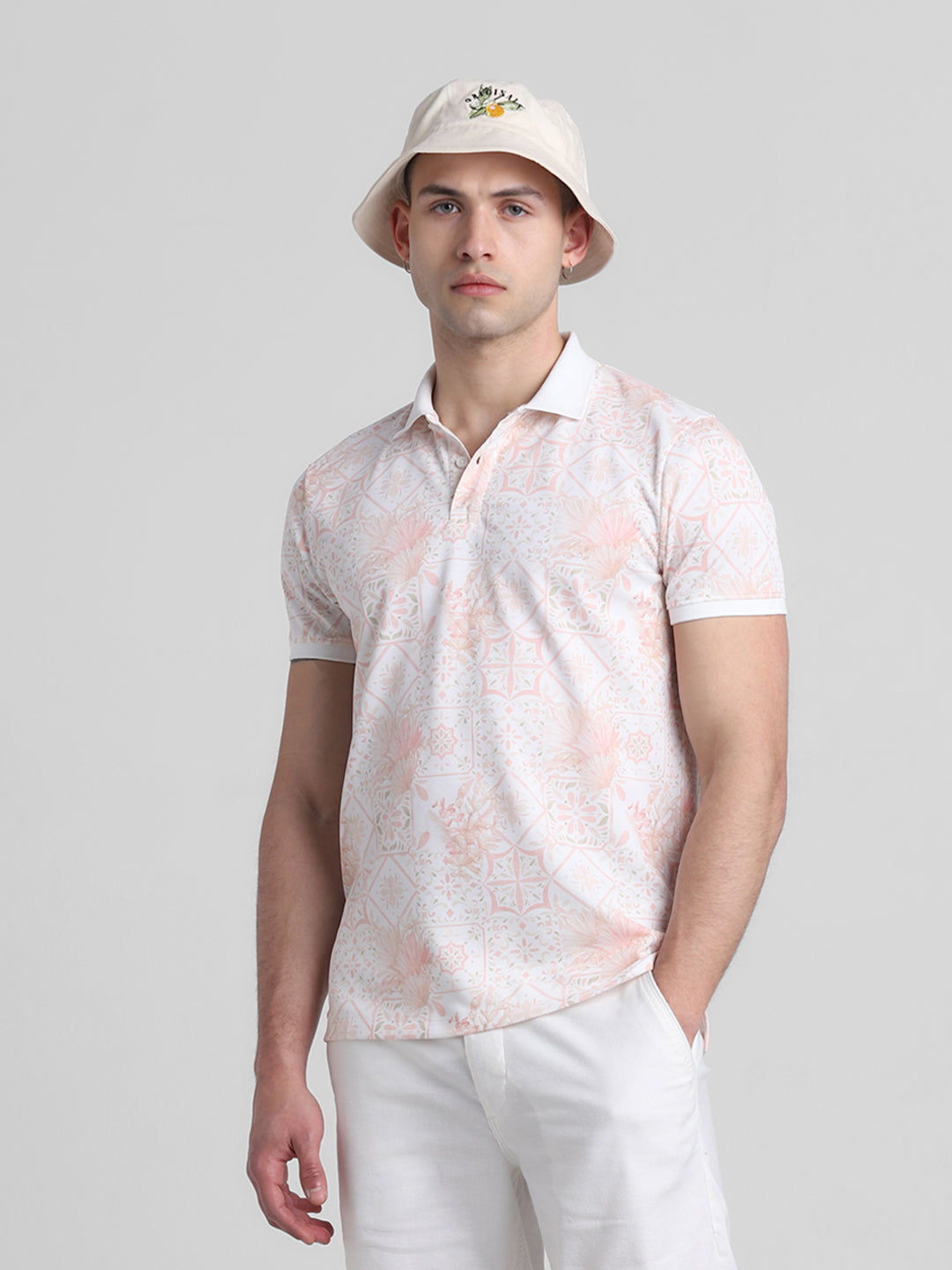 White Floral Print Polo