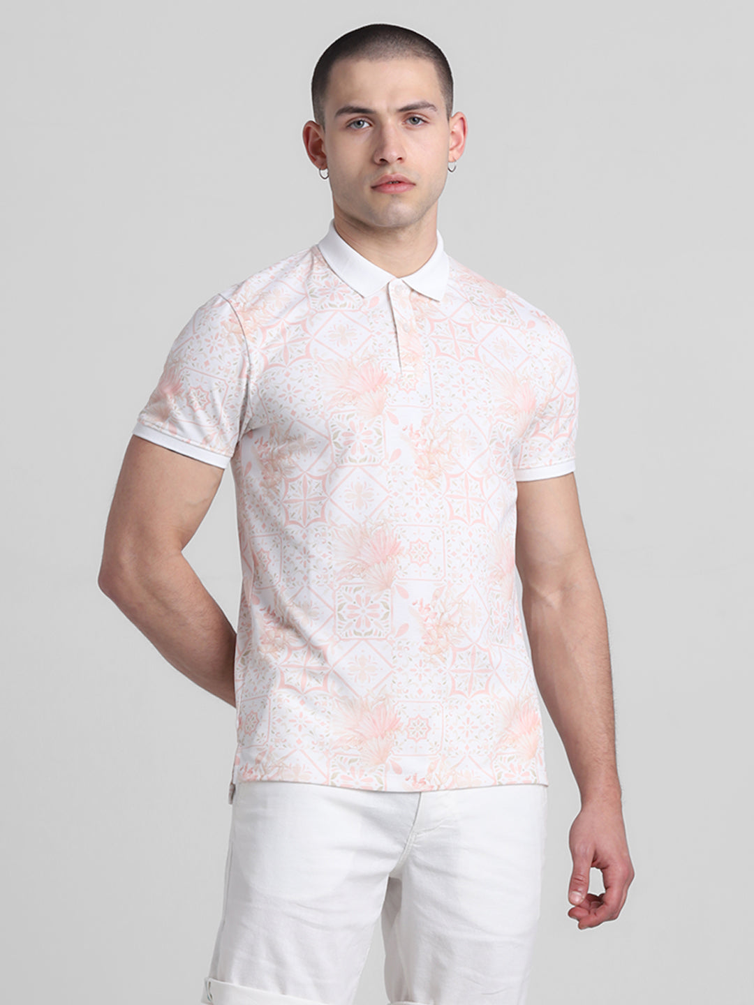 White Floral Print Polo