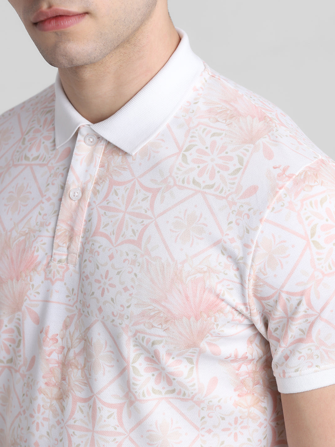 White Floral Print Polo