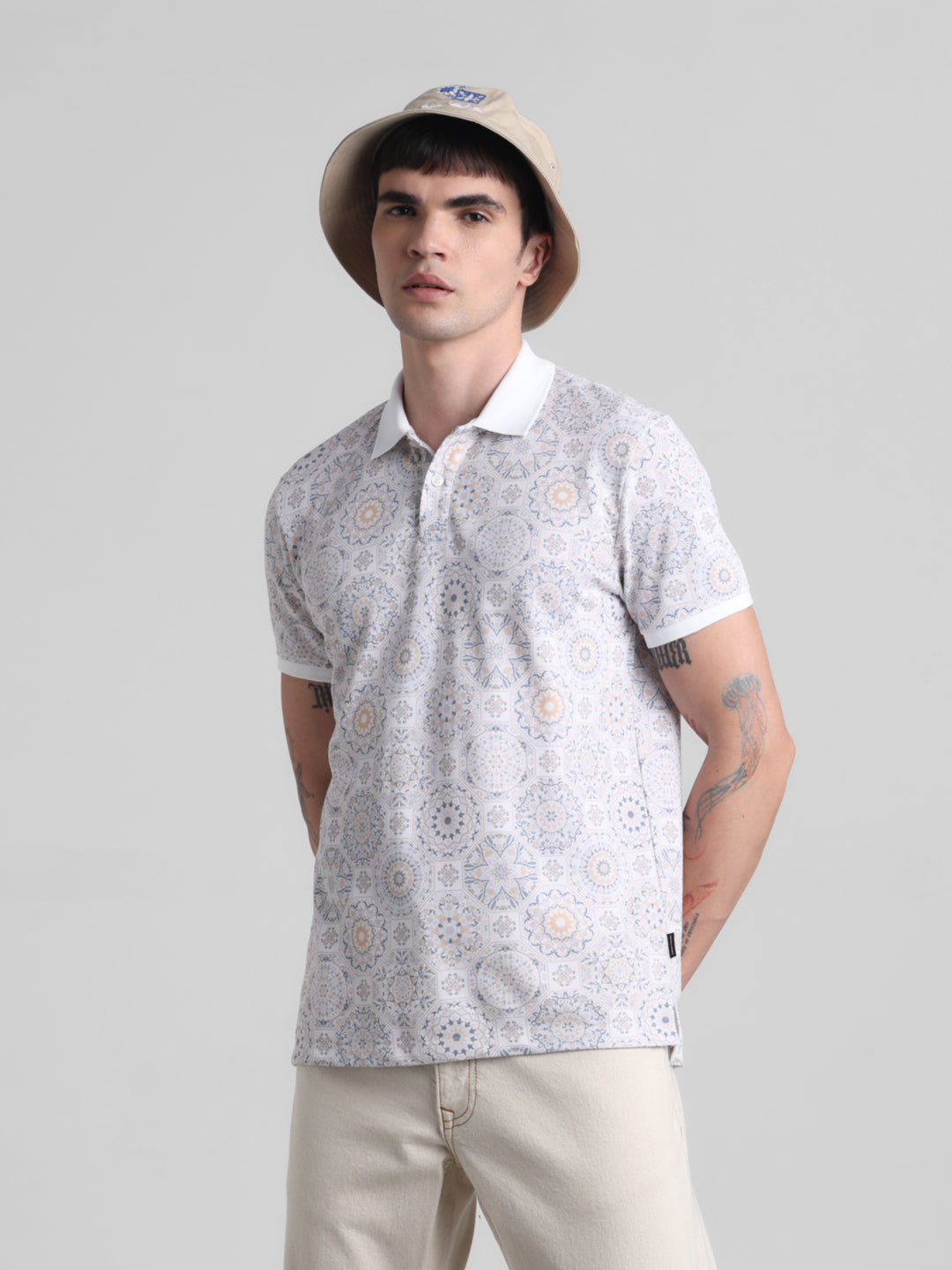 White Printed Polo