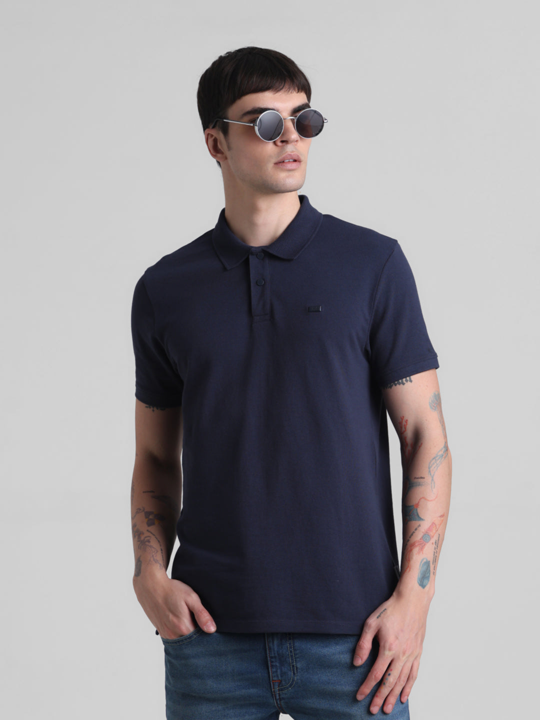Navy Blue Cotton Blend Polo - M