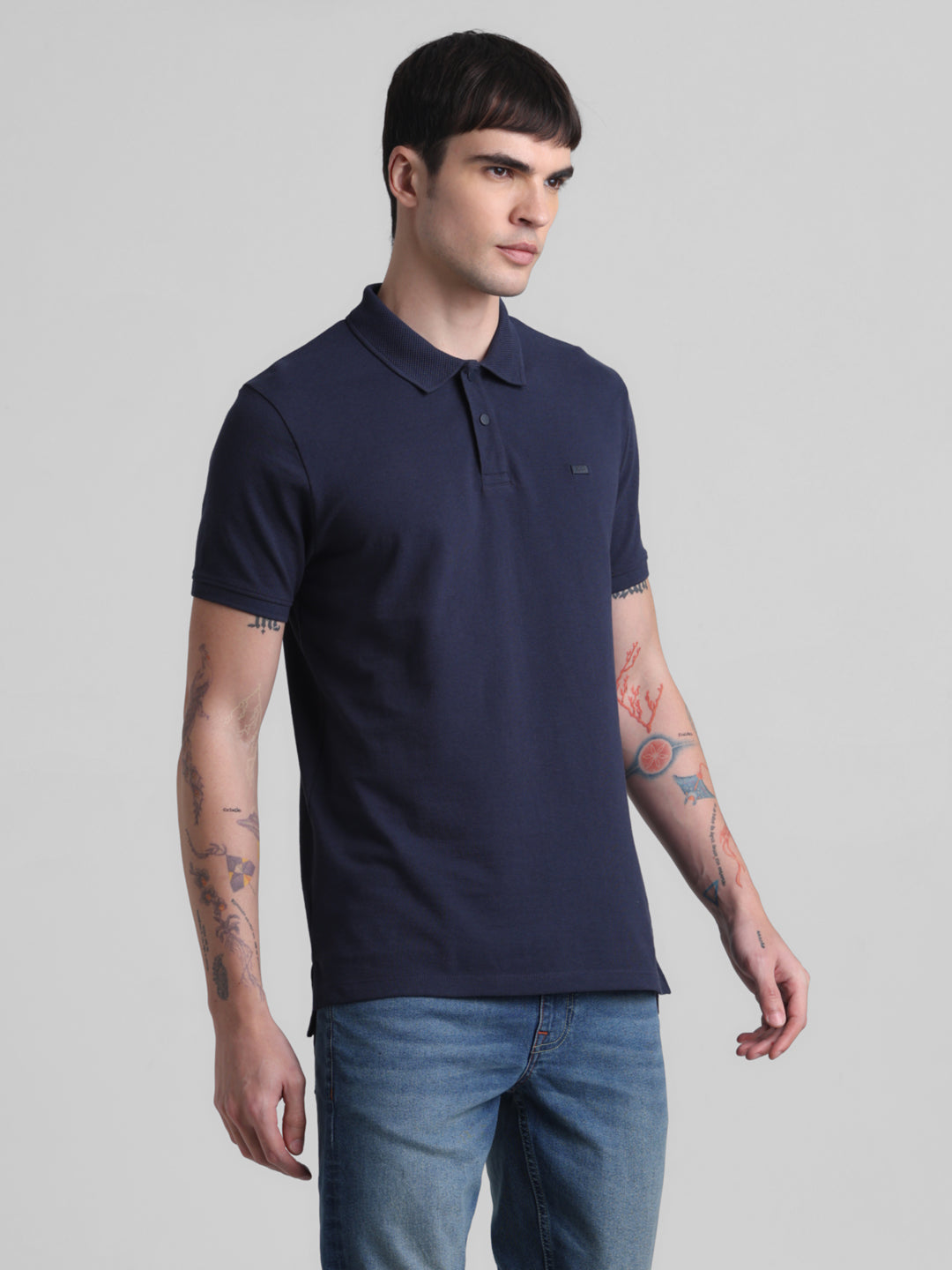 Navy Blue Cotton Blend Polo