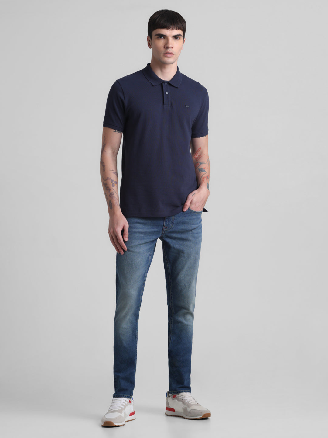 Navy Blue Cotton Blend Polo