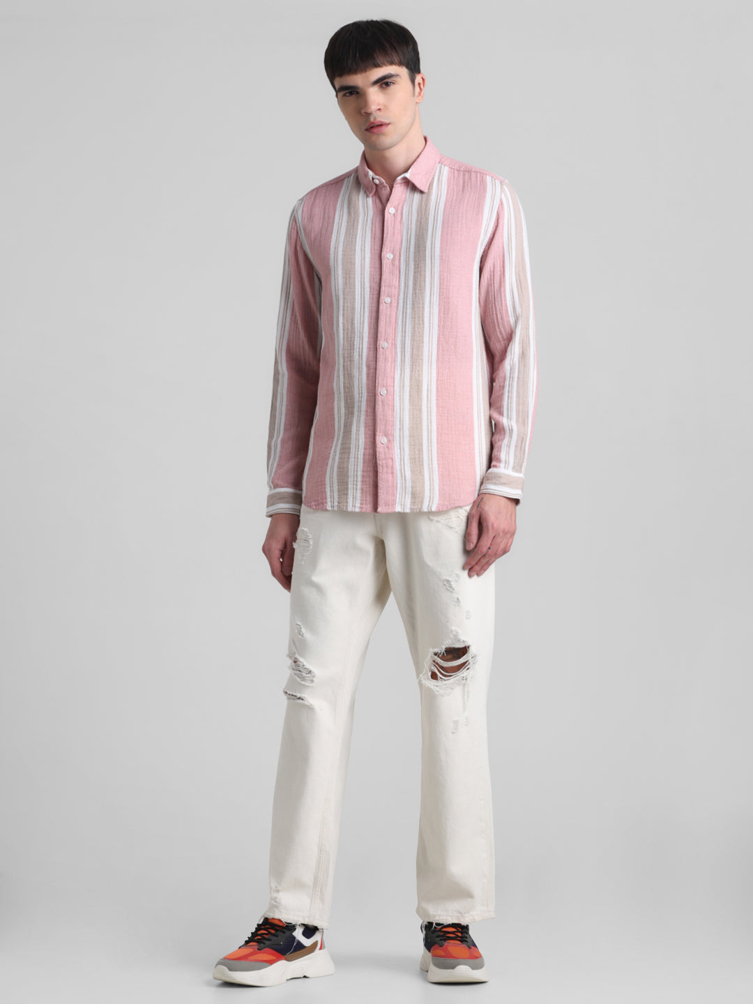 Light Pink Colourblocked Striped Shirt