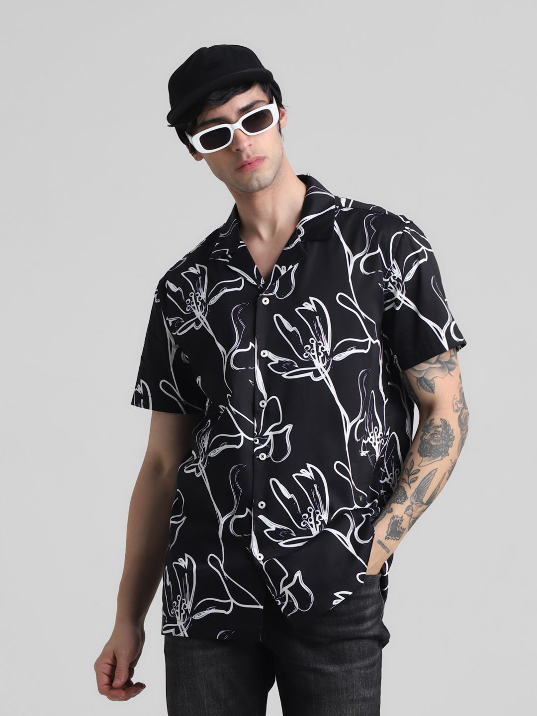 Black Floral Printed Shirt - XXL