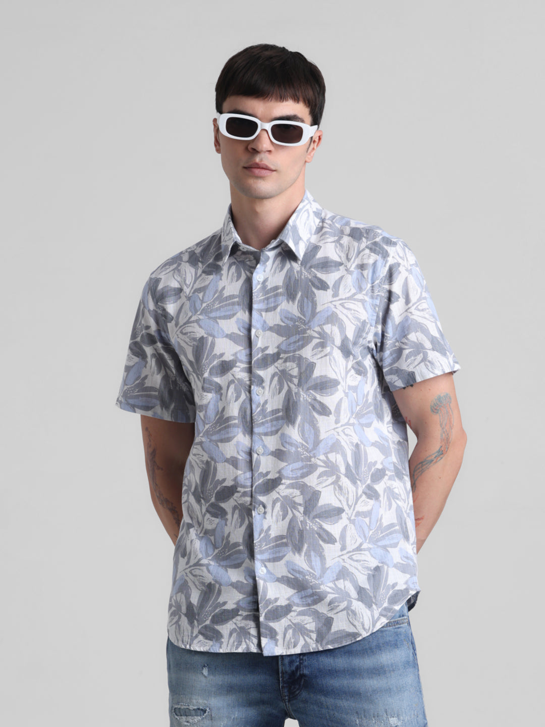 Grey Floral Short Sleeve Shirt - S