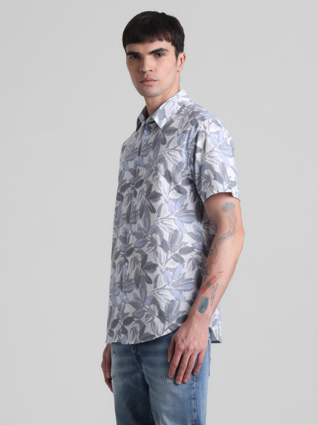 Grey Floral Short Sleeve Shirt