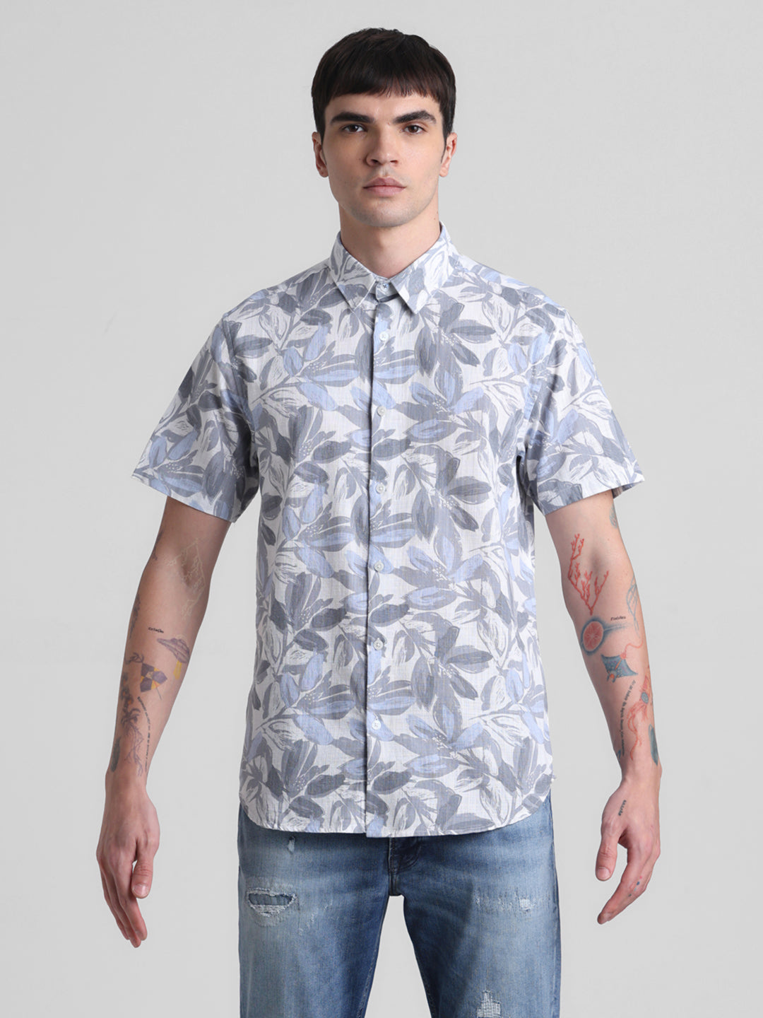 Grey Floral Short Sleeve Shirt