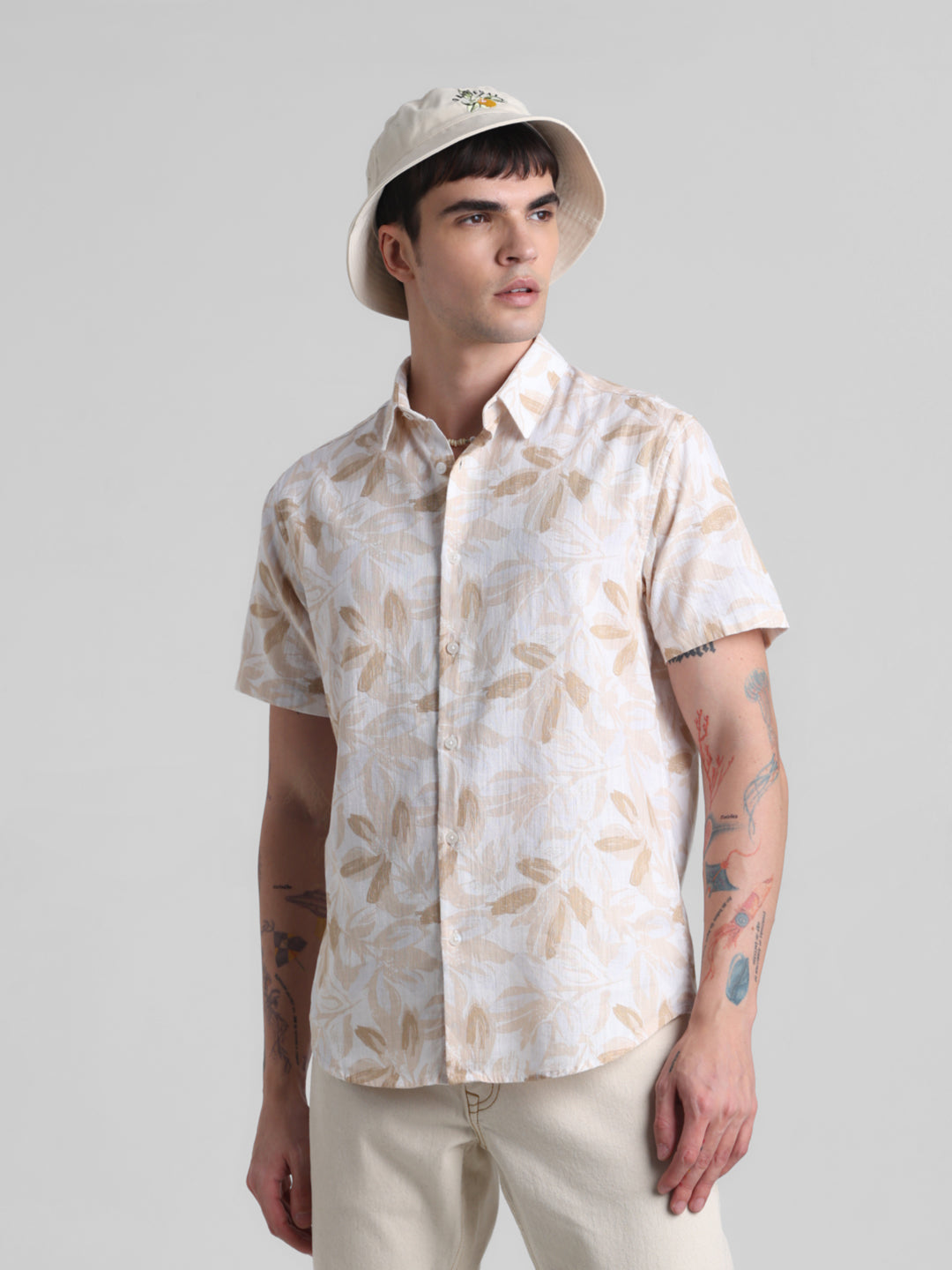 Beige Floral Short Sleeve Shirt