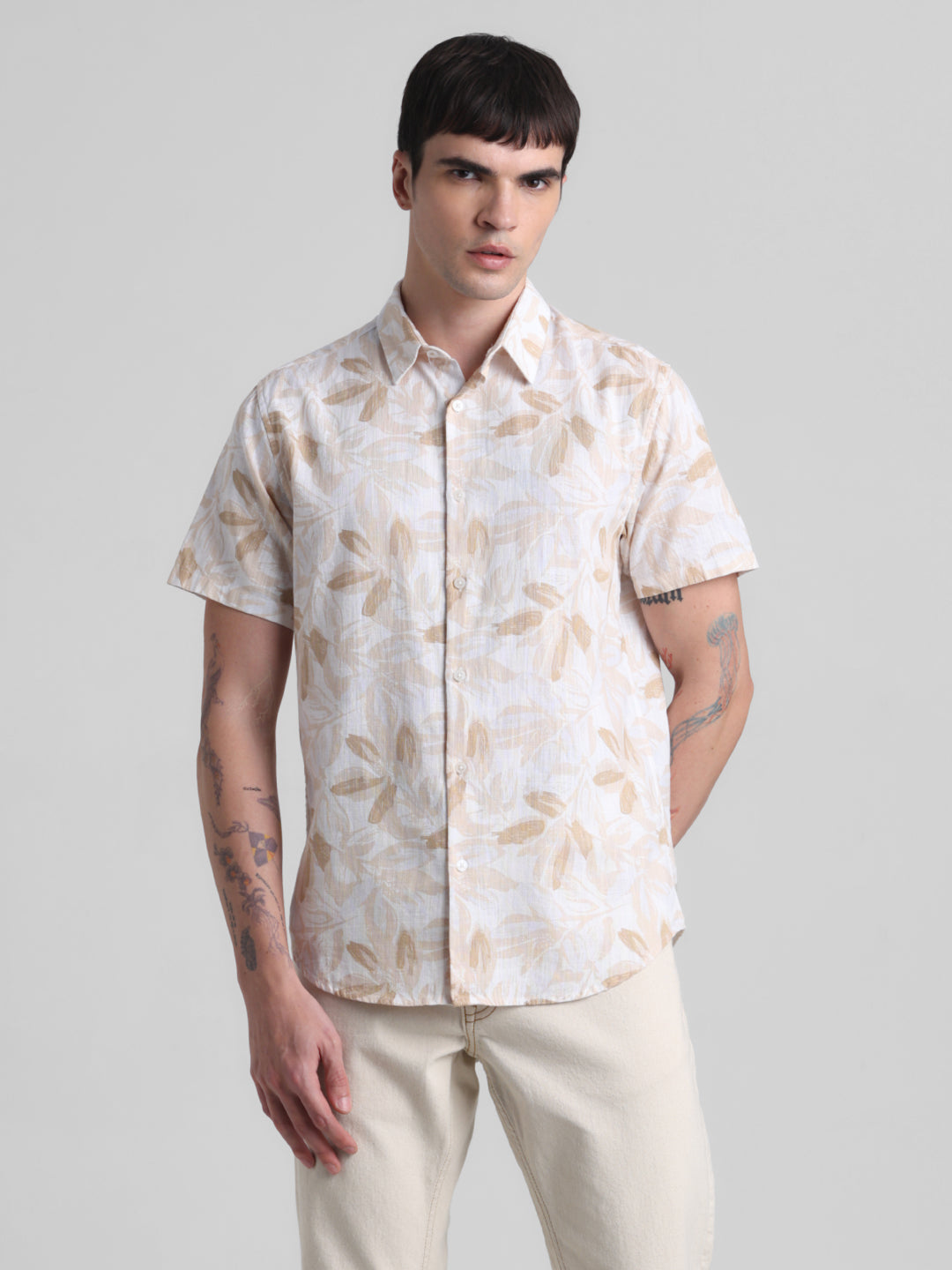 Beige Floral Short Sleeve Shirt
