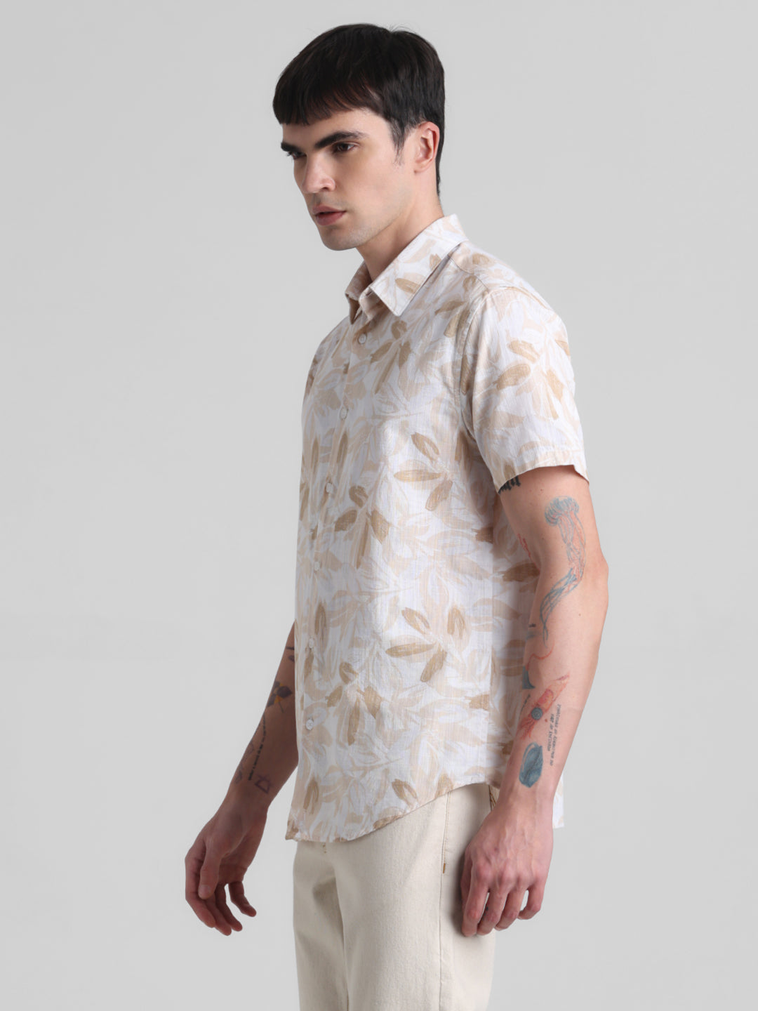 Beige Floral Short Sleeve Shirt