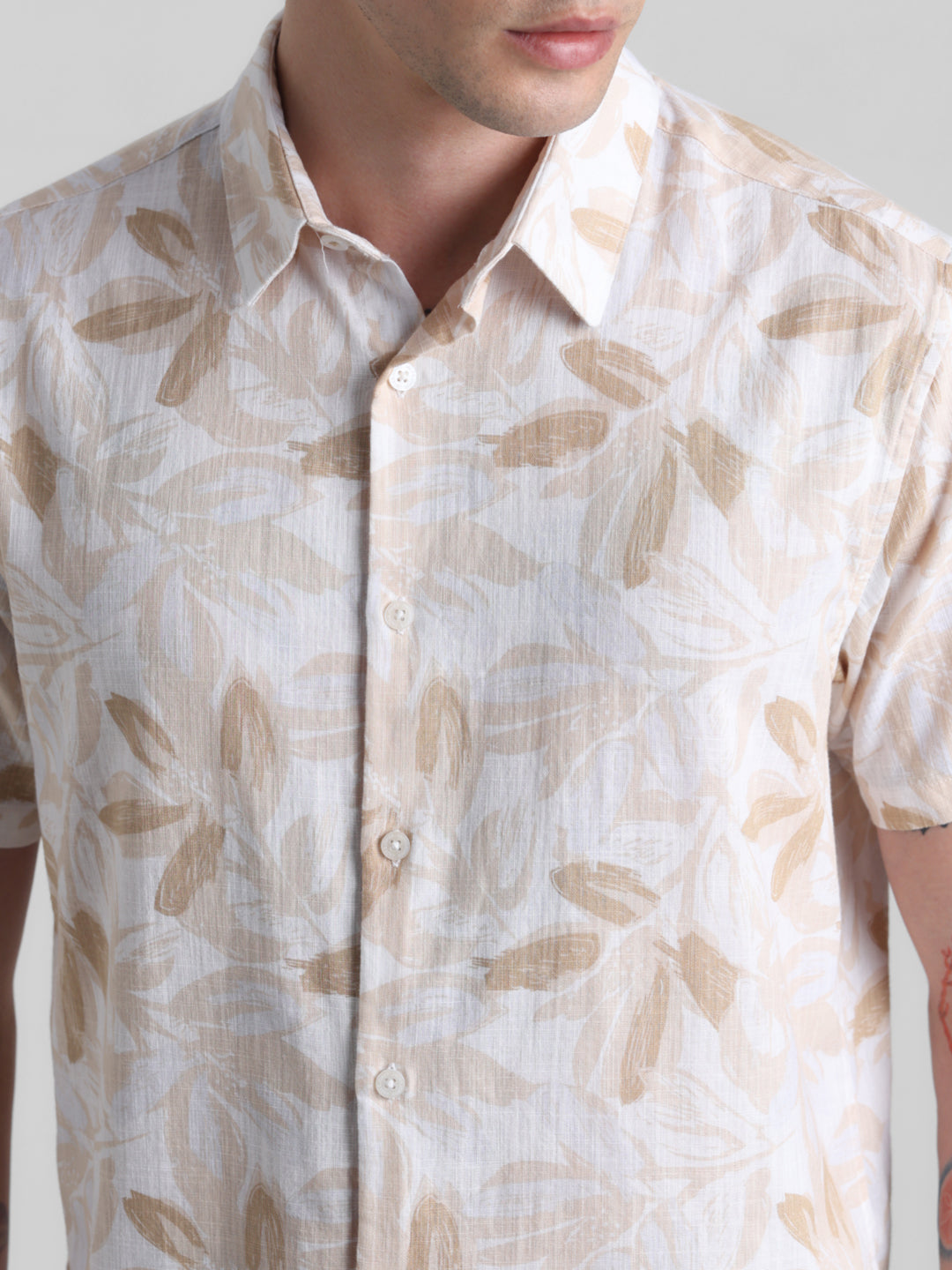 Beige Floral Short Sleeve Shirt