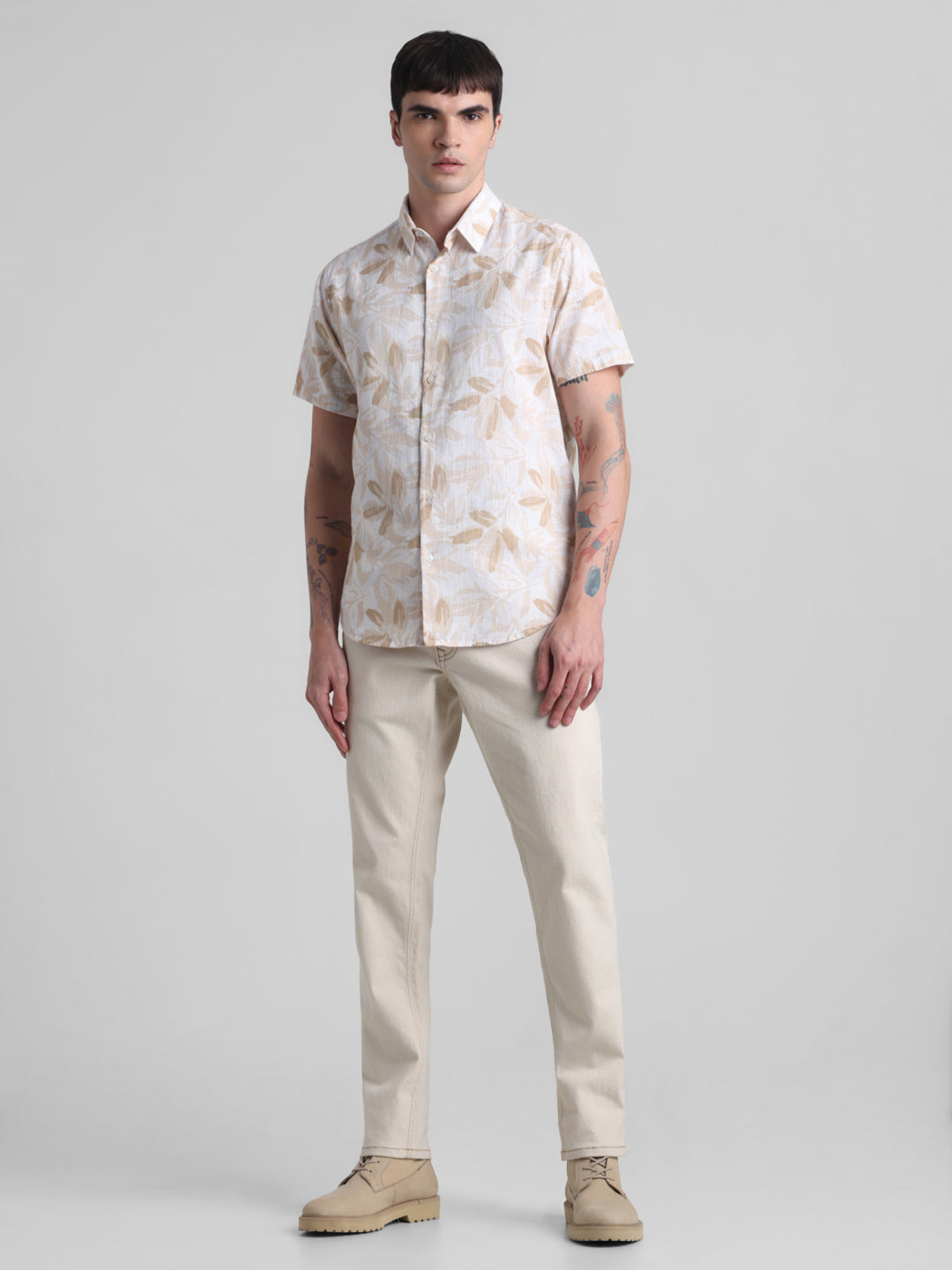 Beige Floral Short Sleeve Shirt