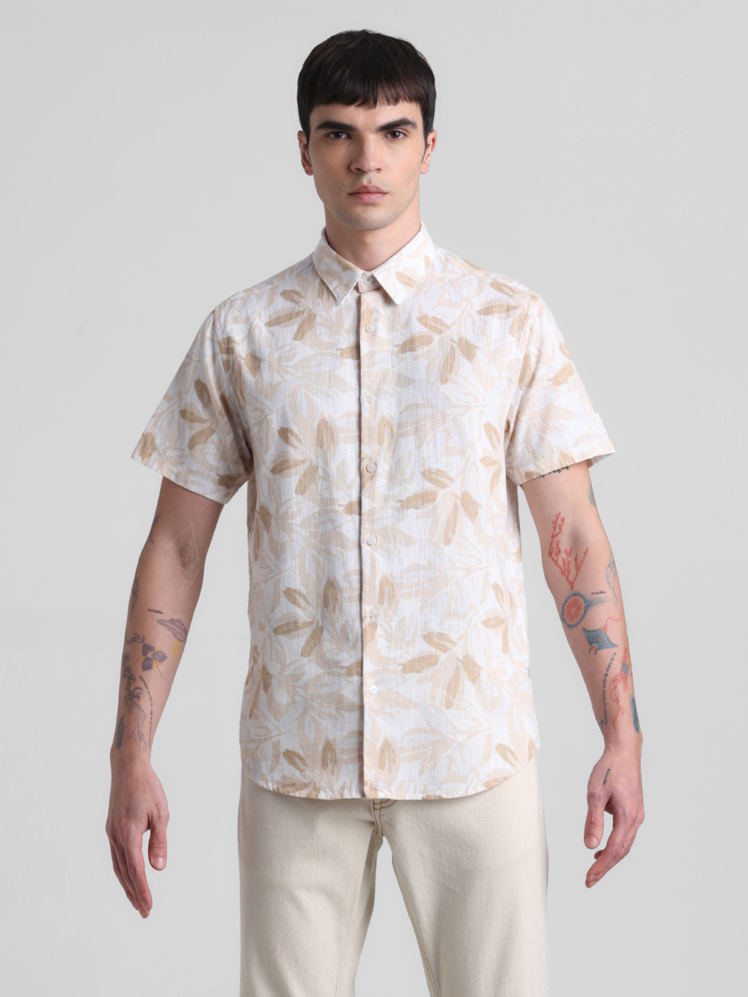 Beige Floral Short Sleeve Shirt