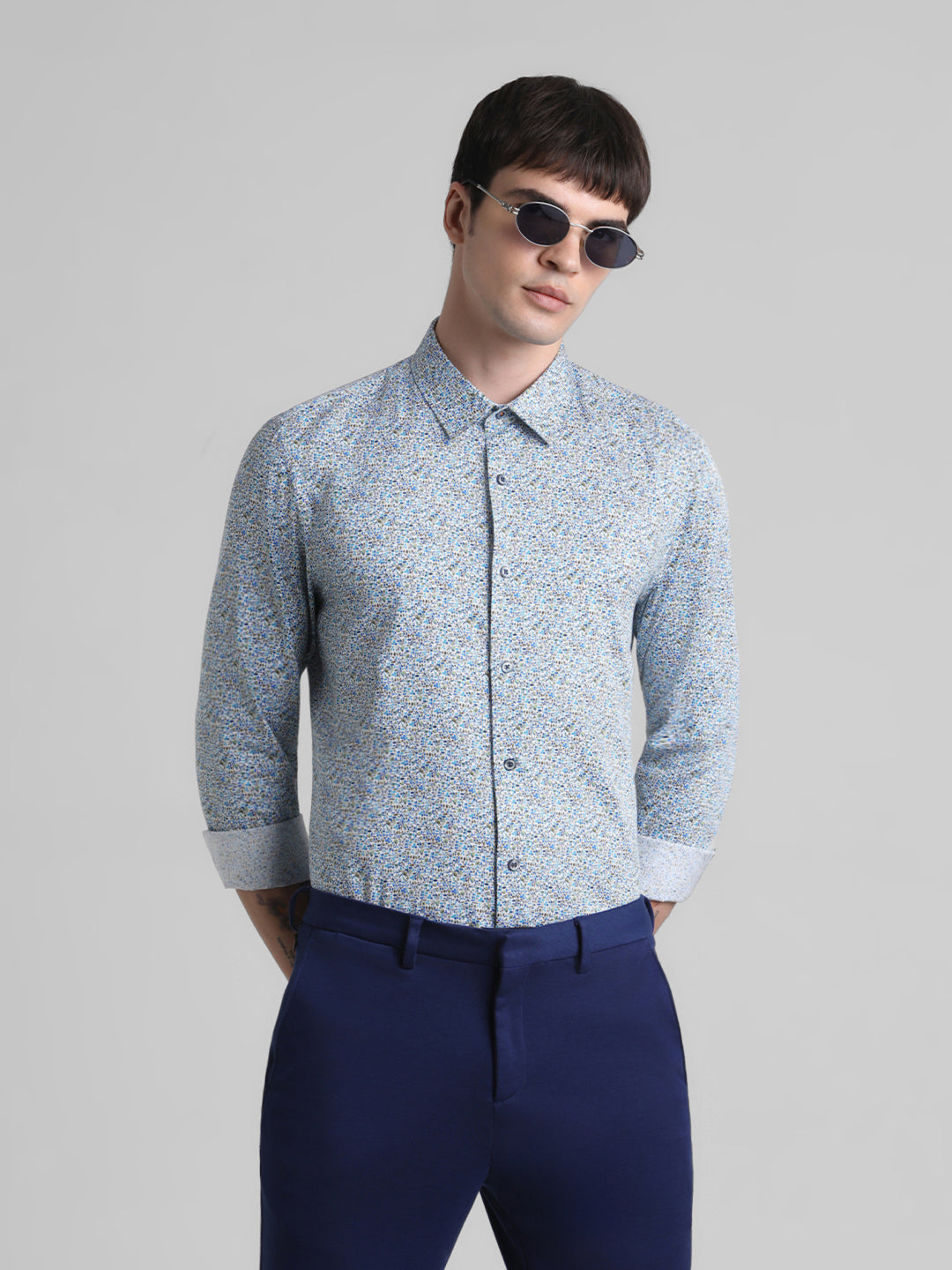Blue Printed Cotton Shirt - M