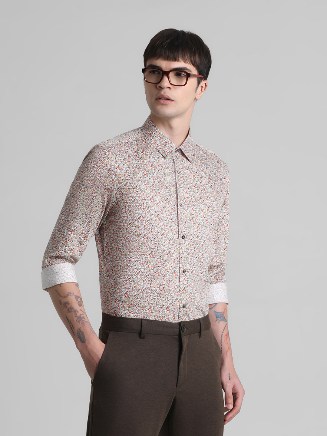 Brown Printed Cotton Shirt - M
