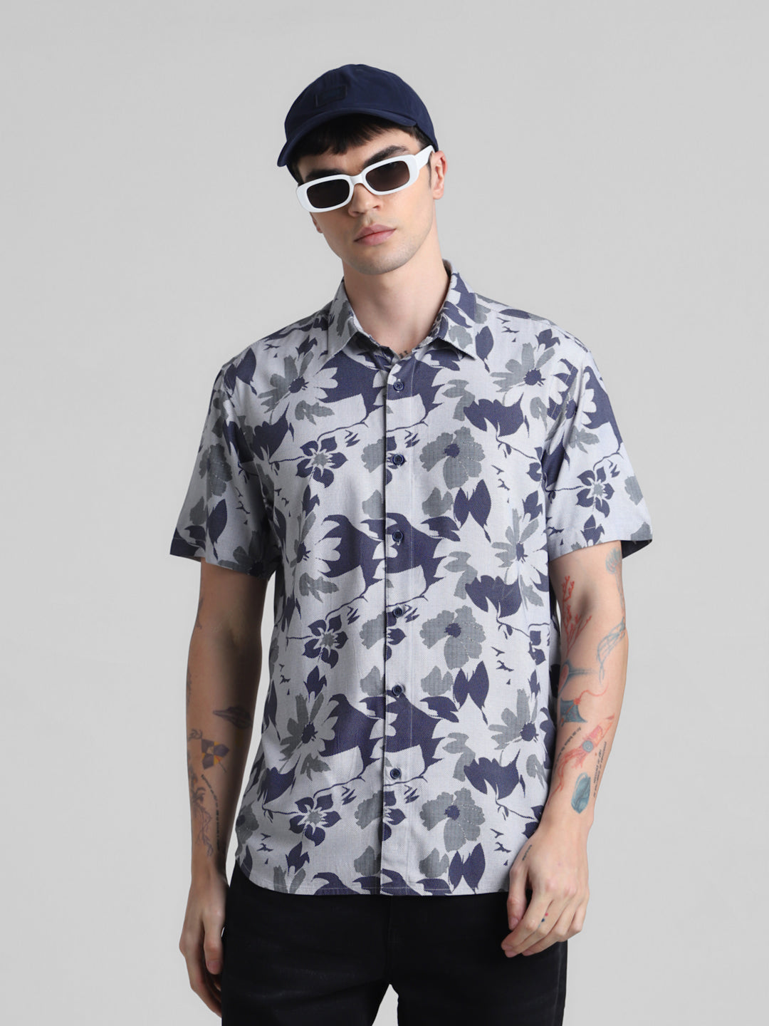 Blue Floral Short Sleeve Shirt - S