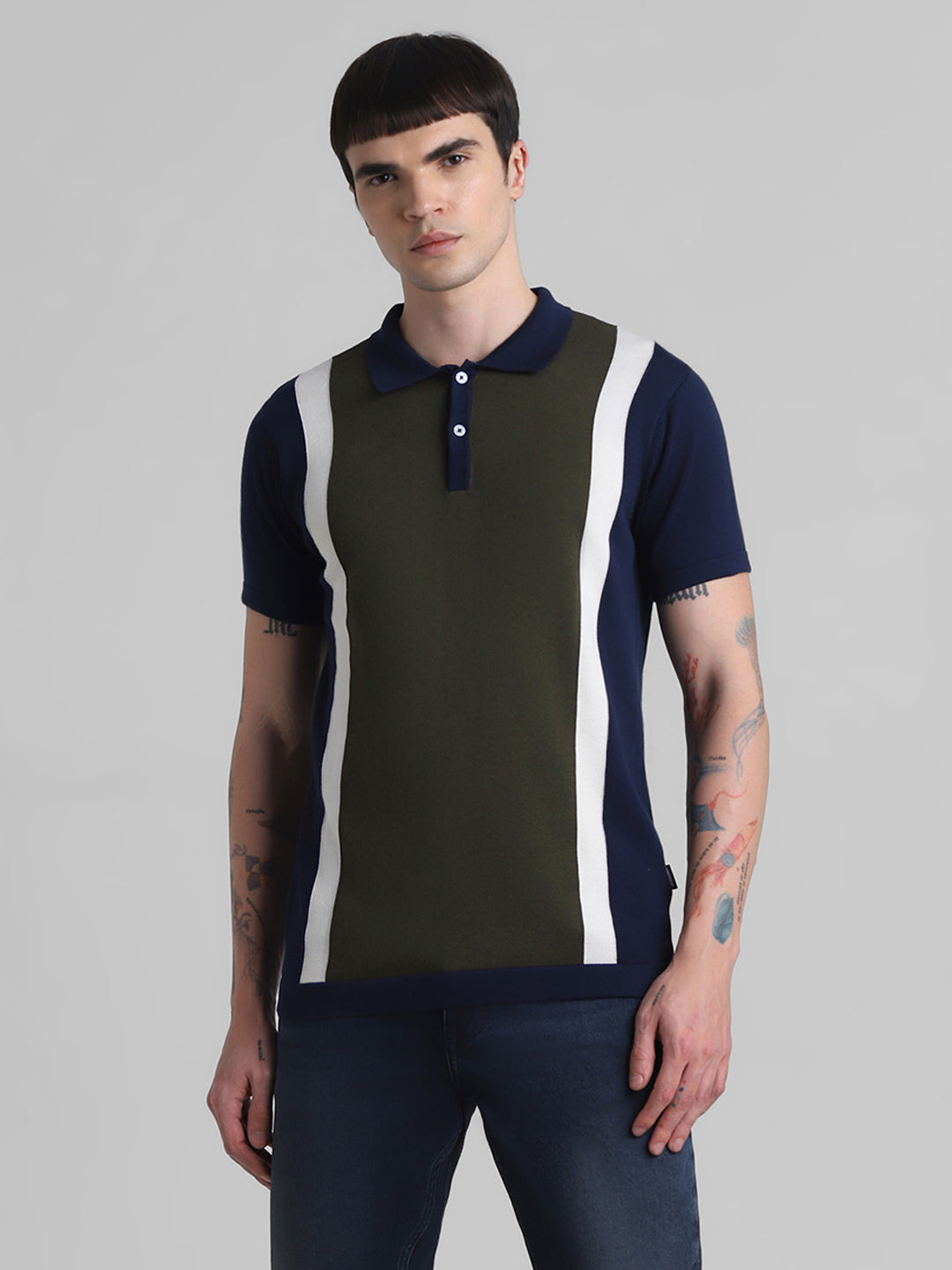 Green Colourblocked Knit Polo