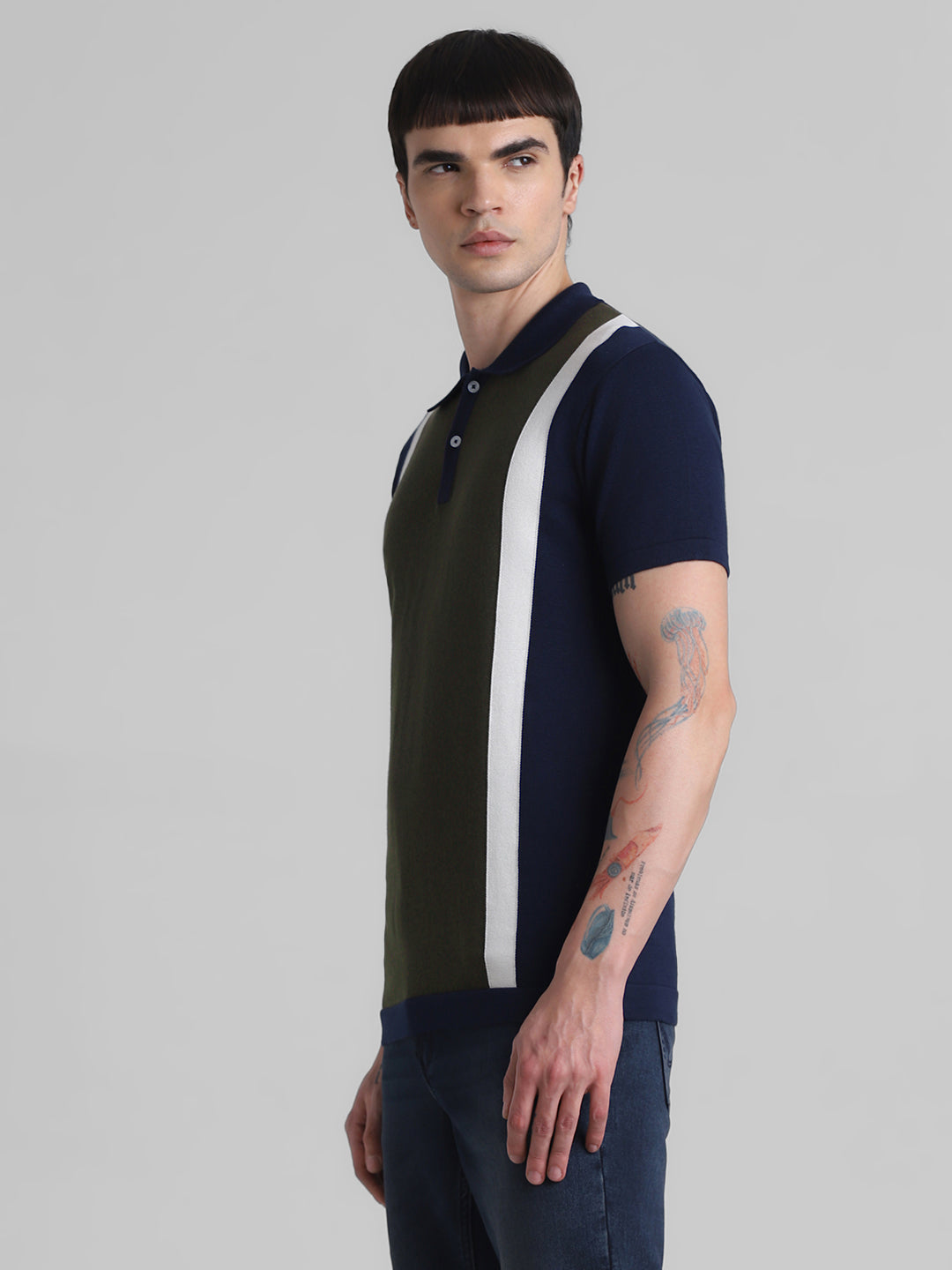 Green Colourblocked Knit Polo