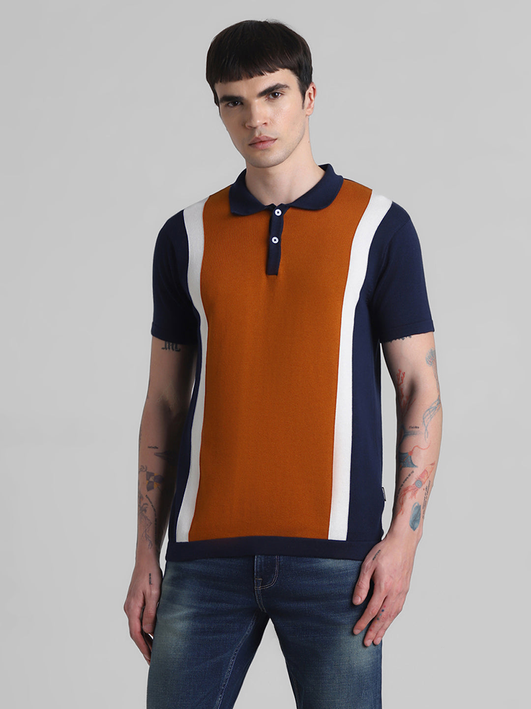 Brown Colourblocked Knit Polo