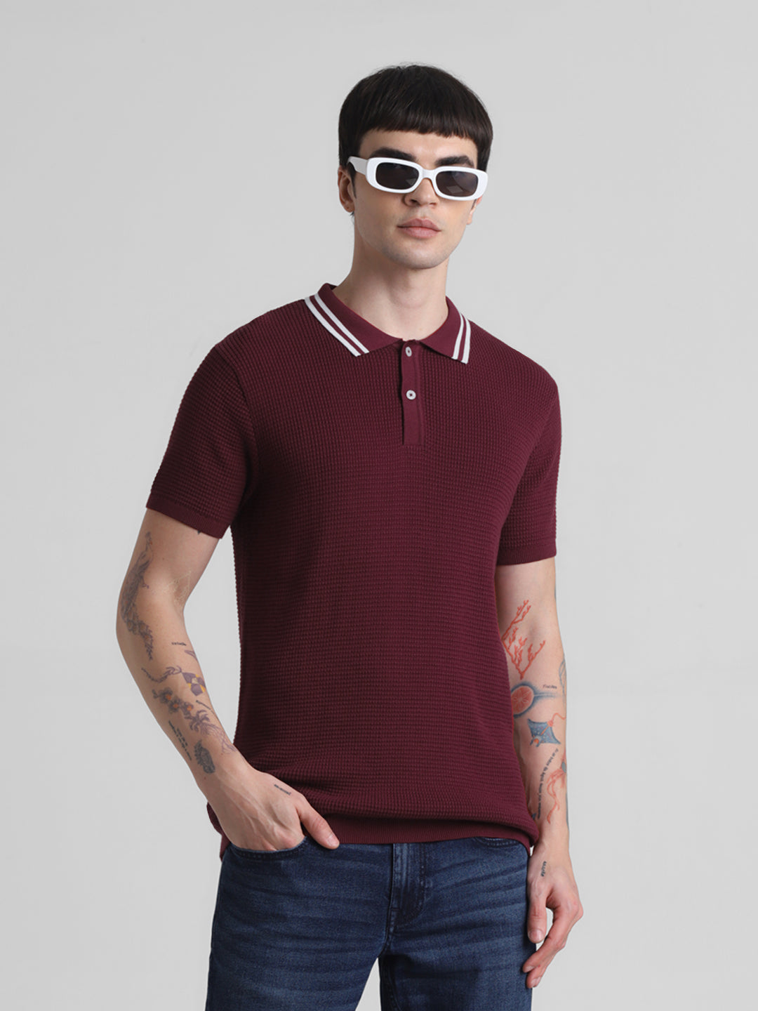 Dark Red Cotton Flat Knit Polo