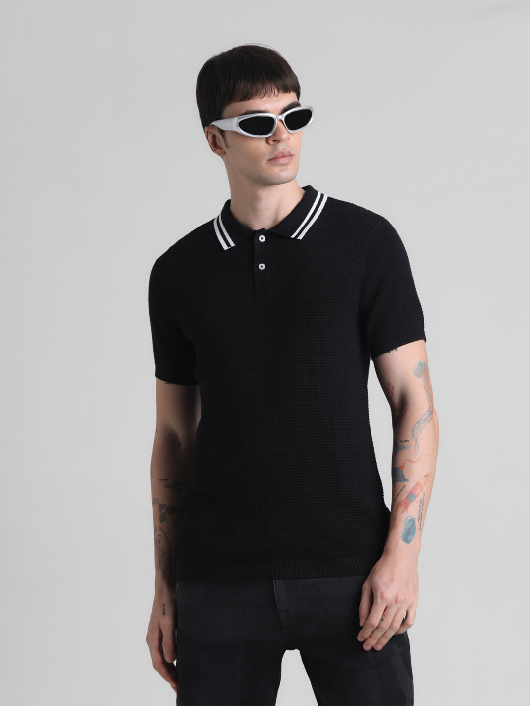 Black Contrast Tipping Knit Polo - L