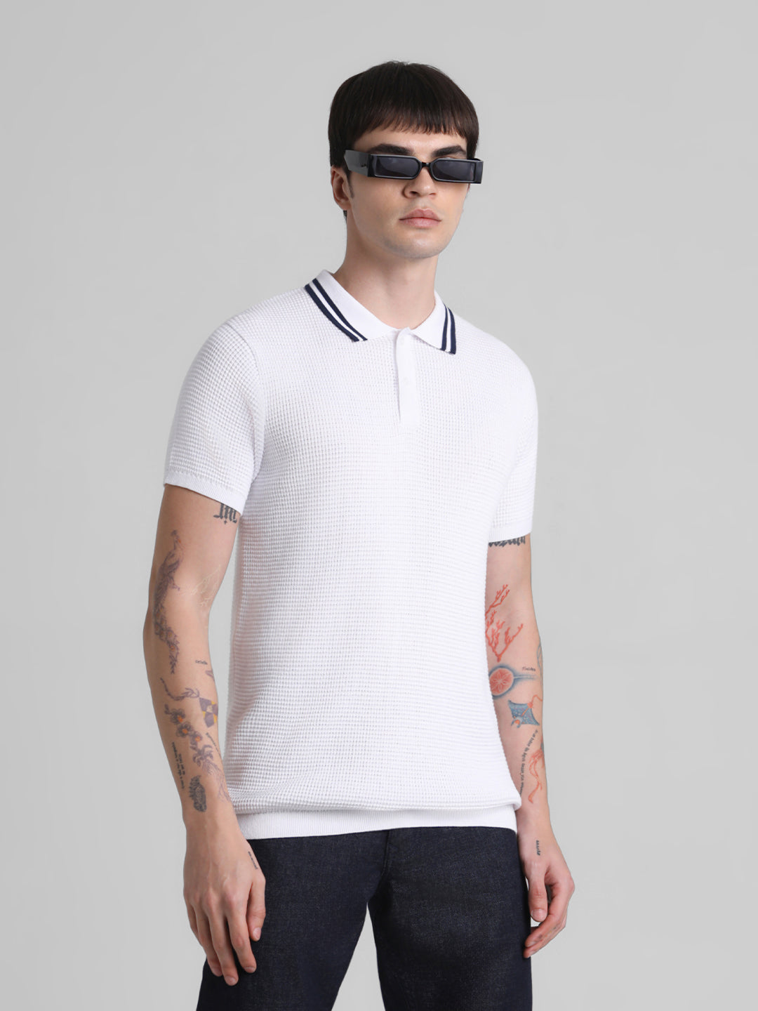 White Contrast Tipping Knit Polo - S