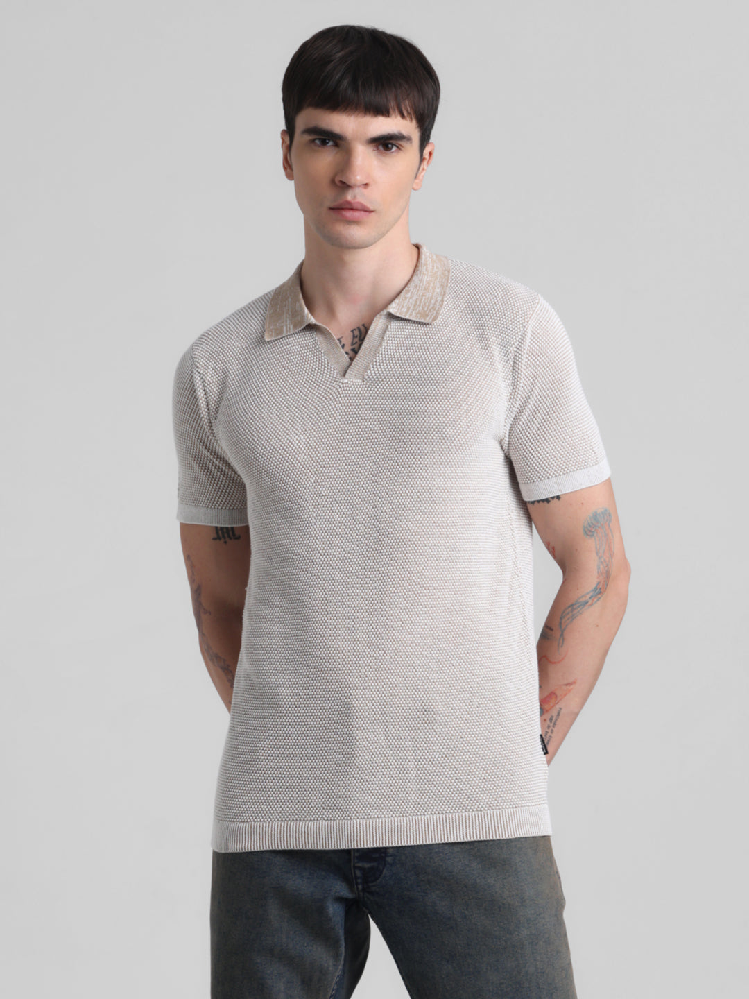 Beige Flat Knit Cotton Polo
